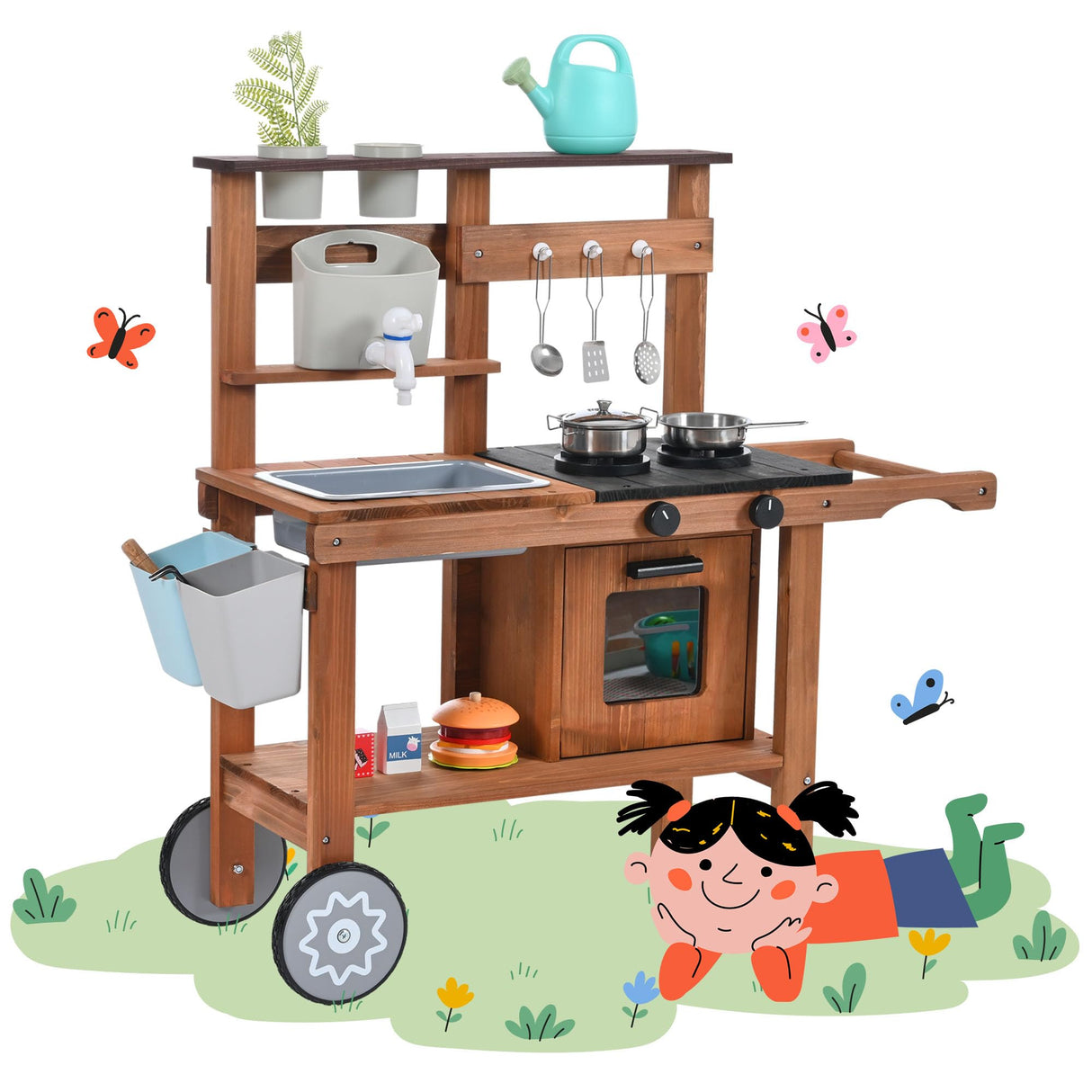 OLLIKIVI Mud Kitchen for Kids Outdoor,Wooden Play Kitchen with Removable Sink, Faucet,Storage Shelves, Backyard Garden Toddler Kitchen Playest, Kitchenware, Stove, Gift for Boys and Girls OLLIKIVI