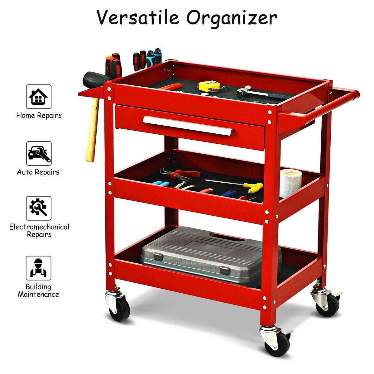 ERGOMASTER 3 Tier Rolling Tool Cart Heavy Duty Metal Frame for Garage Industrial Service Cart with Drawer & Organizer Shelf Tool Cabinet Chest ERGOMASTER