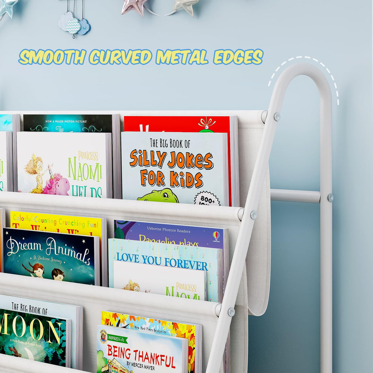 Tatub Kids Bookshelf with 4 Tier Deep Sleeves, Children Montessori Bookshelf Sling Storage Book Rock, Toddler Front Facing Display Book Shelf for Playroom Nursery Bedroom Classroom Tatub