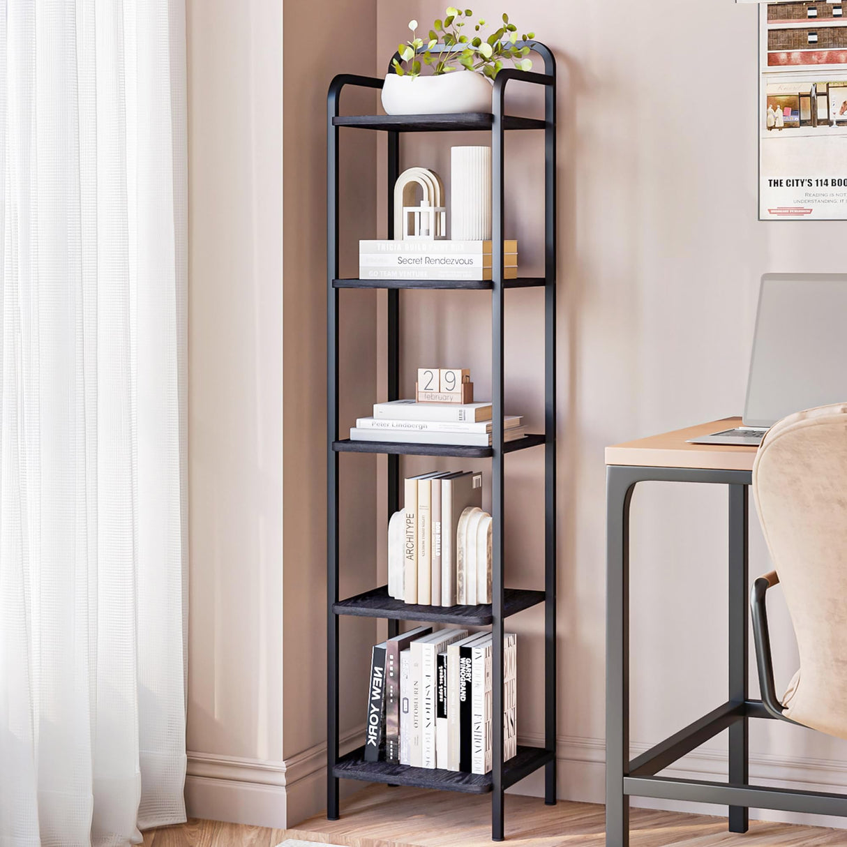 Hzuaneri Bookcase Bookshelf, Narrow Book Shelf, Industrial Corner Shelf Storage Organizer, Slim Shelving Unit for Home Office, Living Room, Bedroom, Kitchen, 5-Tier Black BC24504B Hzuaneri