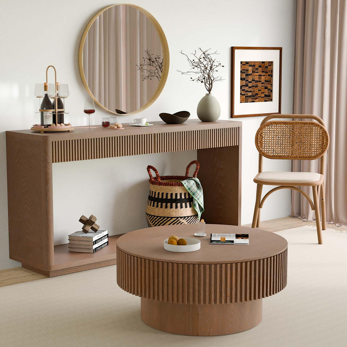 Round Coffee Table with Storage, Modern Wooden Coffee Table with Solid Wood Veneered, Circle Center Table Accent Tea Table for Living Room Apartment Small Space (31.5''L × 31.5''W × 14''H, Walnut) FGXJY