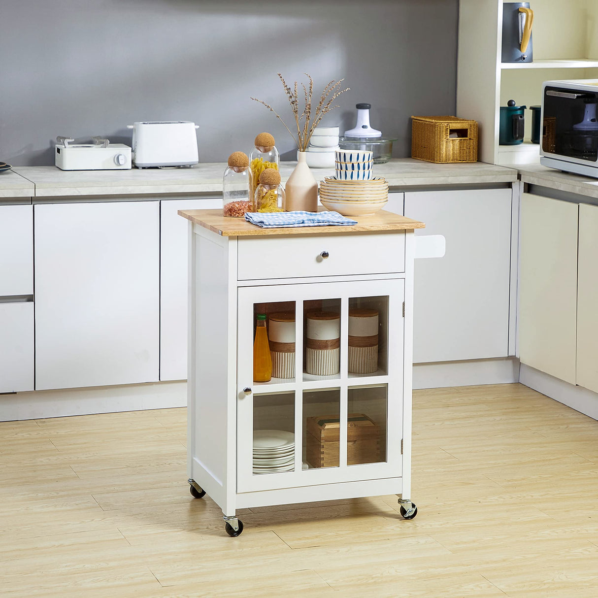HOMCOM 27" Rolling Kitchen Island Cart with Drawer and Glass Door Cabinet, Kitchen Trolley with Adjustable Shelf and Towel Rack, White HOMCOM