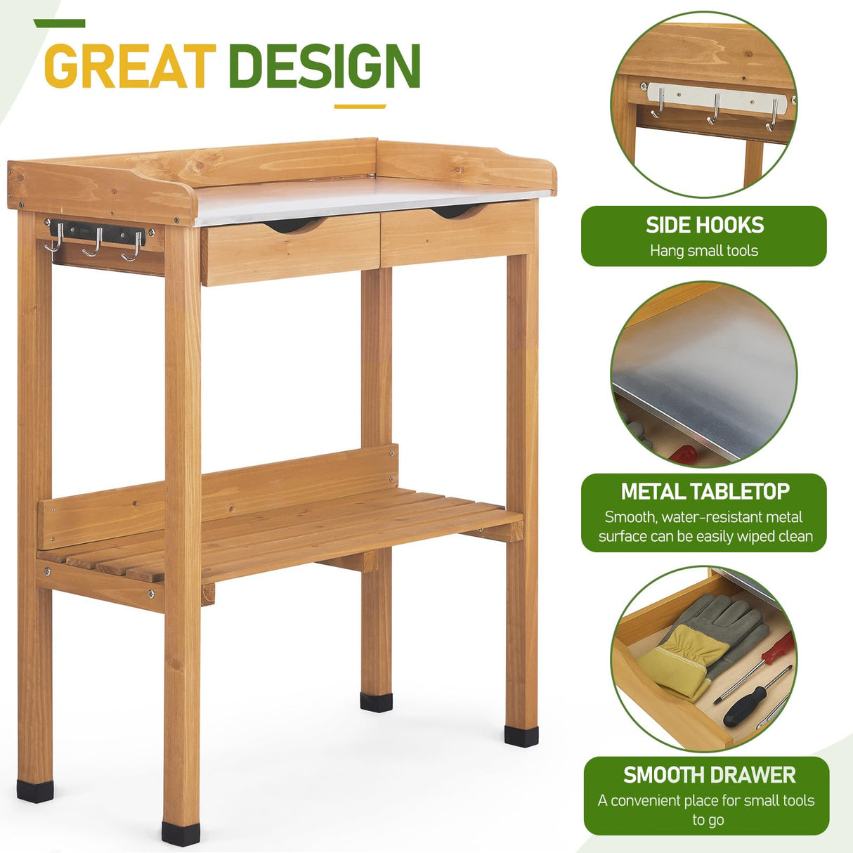 Outvita Outdoor Garden Potting Bench Table Work Bench with 2 Drawer, Storage Shelf, Metal Tabletop, 3 Hooks for Horticulture, Natural Wood Outvita