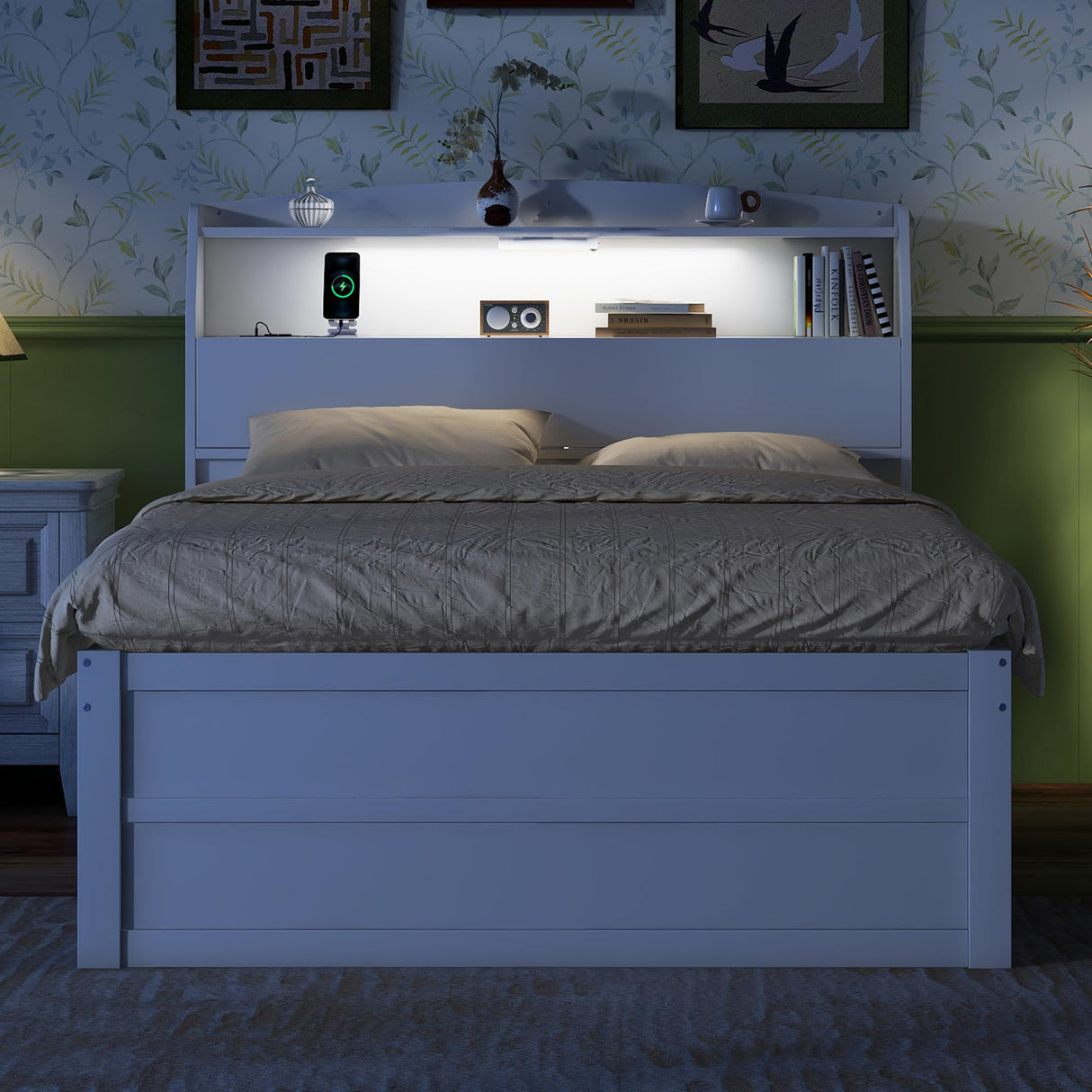 MERITLINE LED Platform Bed with Trundle, Drawers, and Bookcase Headboard - White Full Size Frame with USB Ports MERITLINE