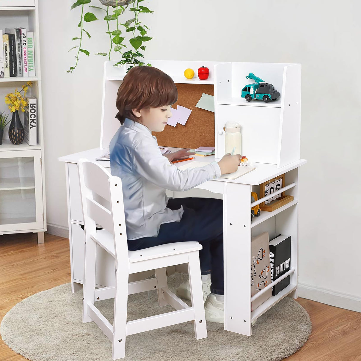 Kids Study Desk and Chair Set with Storage - White Learning Table with Bookshelf and Cabinets for Boys and Girls Ages 3-8 Wpond