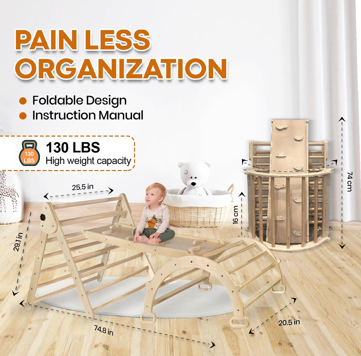 Utopia House 8 in 1 Pikler Triangle Set with Detachable Seesaw for 1.5-6 Years Old, Montessori Climbing Set, Toddler Climbing Toys Indoor Climbing Gym, Kids Climbing Toys, All Natural Wood Utopia House