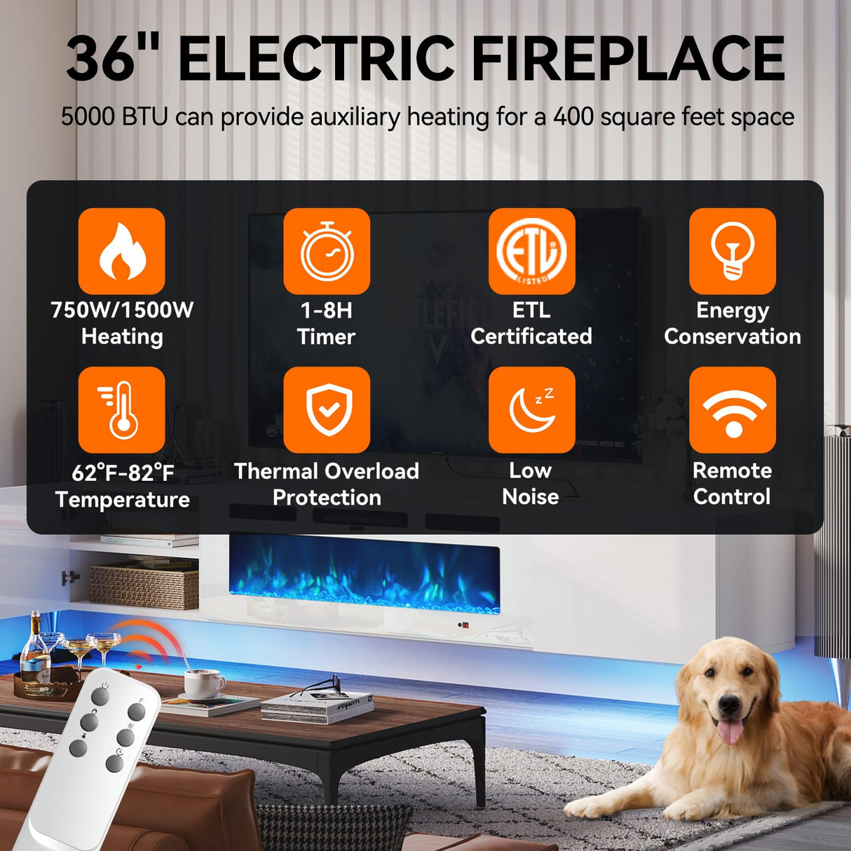 Breezestival 70" Floating TV Stand with 36" Electric Fireplace, Wall Mounted Fireplace TV Stand with Two Hinged Doors, Entertainment Center with LED Lights for Living Room, Bedroom, White Breezestival