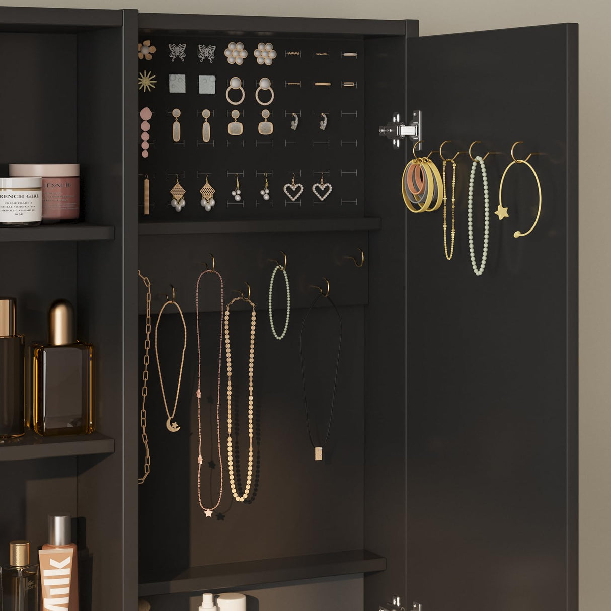 Vanity Table with Mirror, Lights and Charging Station - Glass Top Vanity with 3 Drawers, Jewelry Cabinet and Sliding Door, 42.8 Inches Halitaa