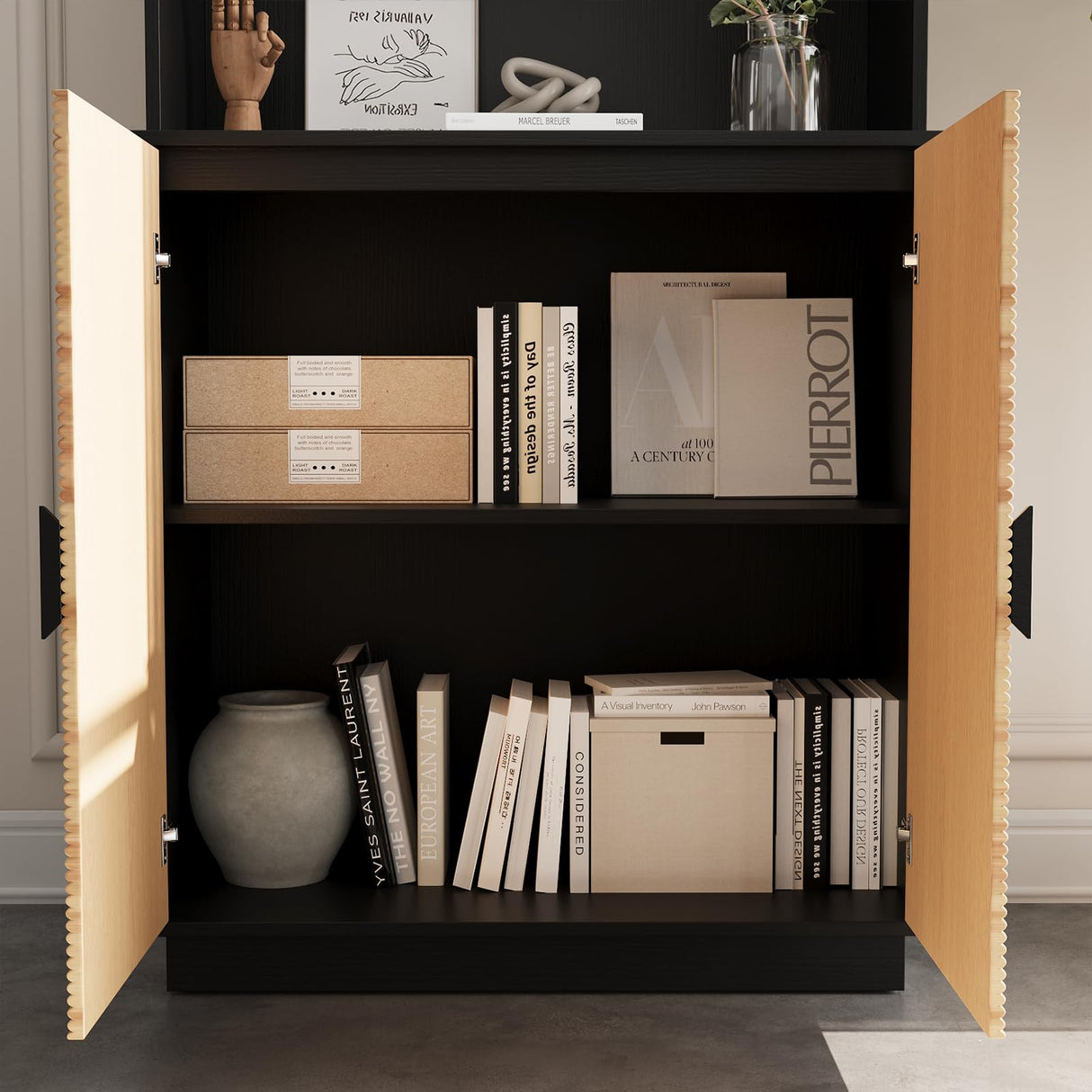 TUSY 4-Piece Large TV Stand with Bookshelves for TVs up to 75”, Wall Unit Entertainment Center with Doors, TV Cabinet for Living Room, Bedroom & Home Theater, Black TUSY