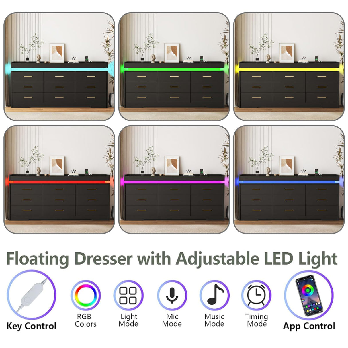 9 Drawer Dresser with Charging Station, Wide Chest of Drawers for Closet with LED Light, Modern Drawer Organizer Cabinet for Bedroom, Living Room, Entryway, Hallway, Black DalyLuxa