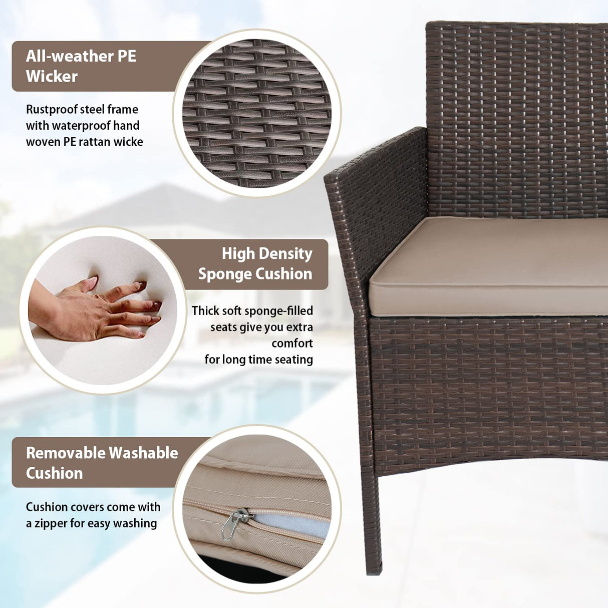 PayLessHere 3-Piece Outdoor Wicker Conversation Bistro Set Outdoor Patio Porch Furniture Sets for Yard, Garden with 2 PE Rattan Wicker Chairs, 2 Cushions,1 coffee table (Khaki) PayLessHere