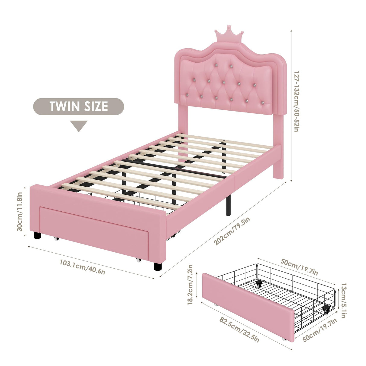 Keyluv Twin Upholstered LED Bed Frame with Storage Drawer, Leather Princess Platform Bed with Adjustable Crystal Button Tufted Crown Headboard, Solid Wooden Slats Support, No Box Spring Needed, Pink Keyluv