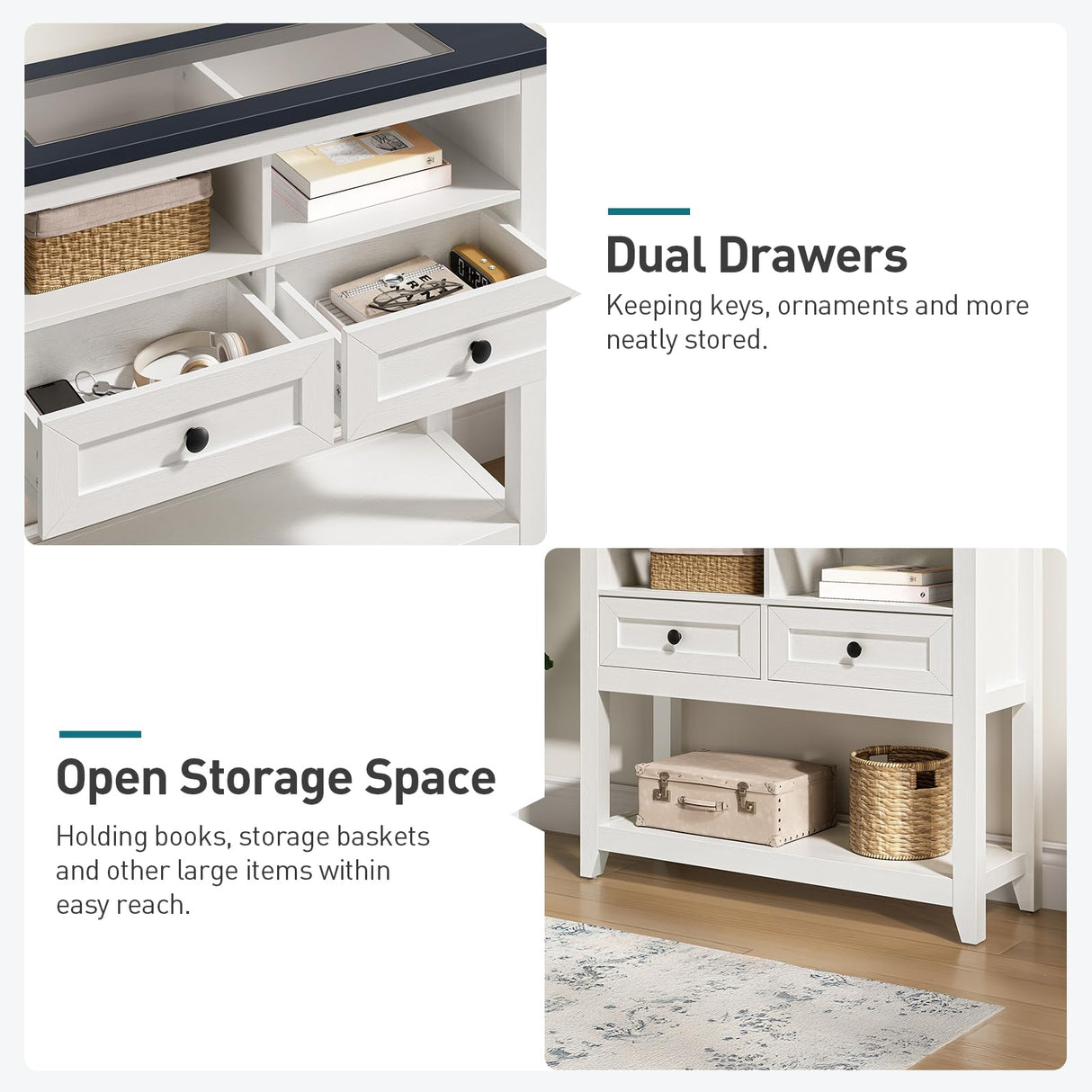 RALGEND Farmhouse Console Table with Charging Station and LED Strip, Entryway Table with 2 Drawers, Sofa Table with Storage, for Entryway, Living Room, Hallway, White and Ink Blue RALGEND