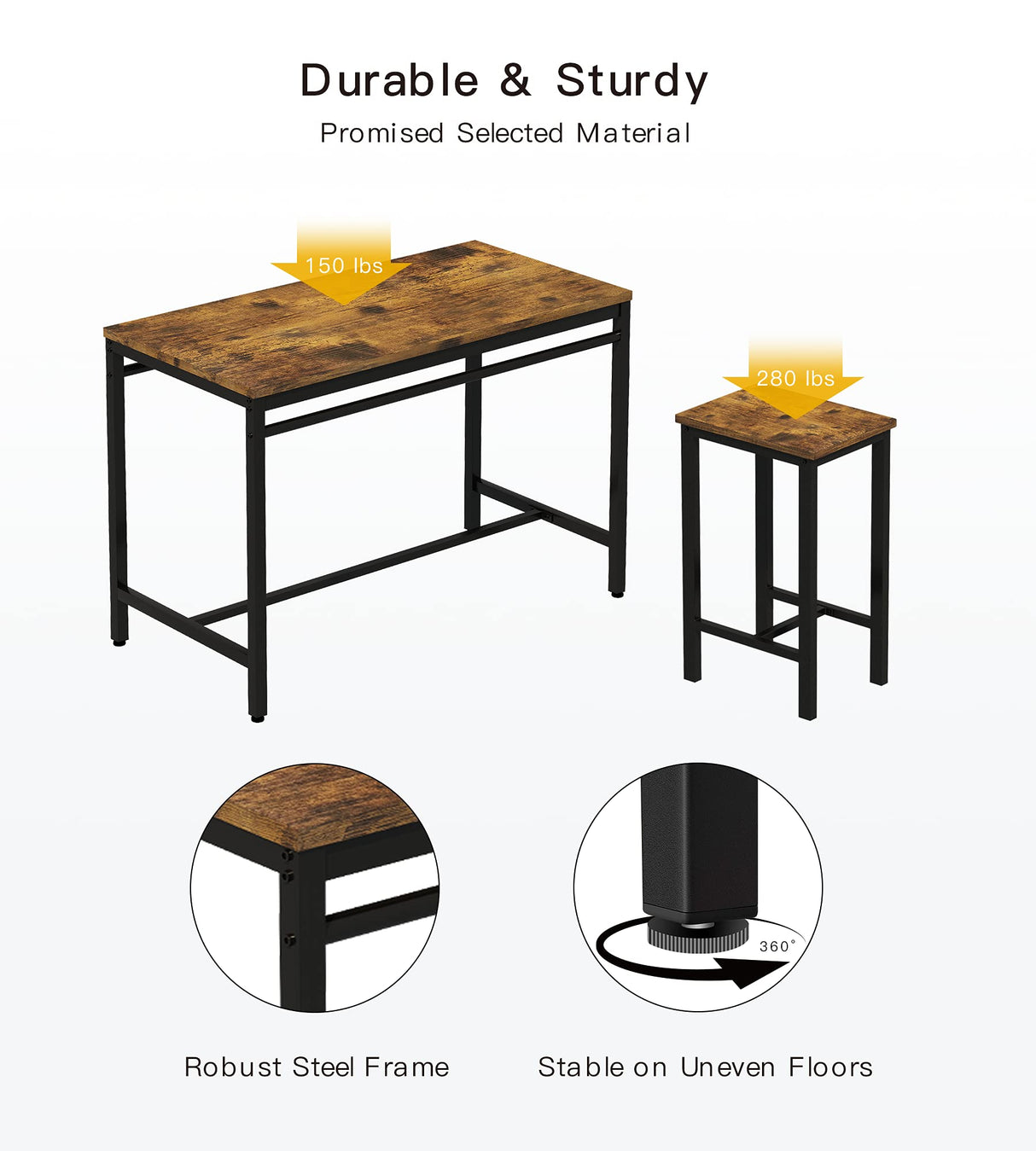 MIERES 5-Piece Rustic Brown Dining Table Set for 4 with Sturdy Metal Frame MIERES