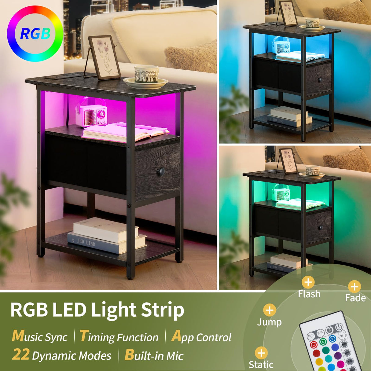 Yoobure End Table with Charging Station, Narrow Side Table with Adjustable Fabric Drawer, 3-Tier End Tables Living Room, Small Nightstand with Outlets, LED Skinny Night Stand for Bedroom Small Spaces Yoobure