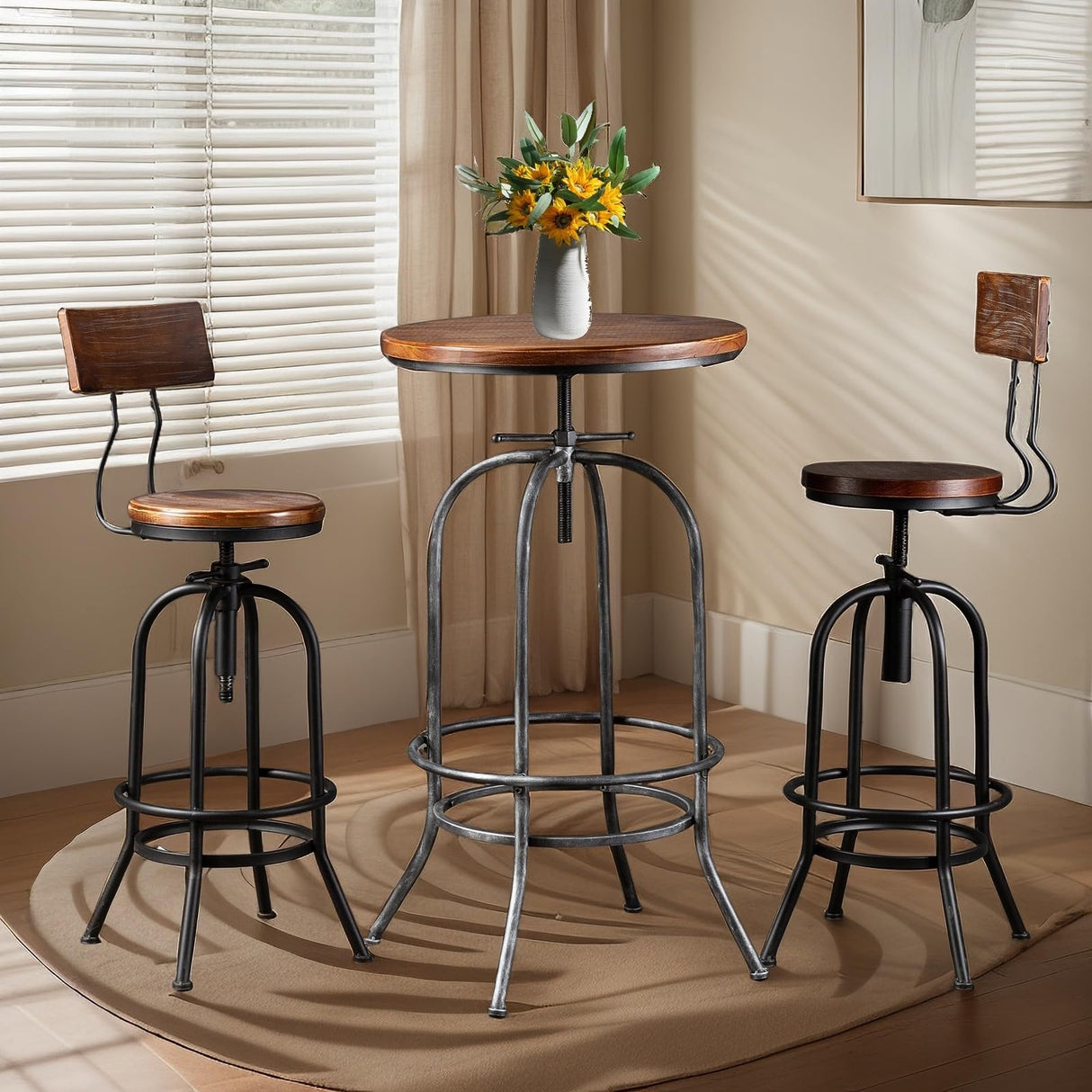 BOKKOLIK Rustic Bar Table Vintage Bistro Table Industrial Pub Table for Kitchen Coffee House Office Computer Desk Swivel Round Wooden Top 37.4-45.3inch Height Adjustable BOKKOLIK