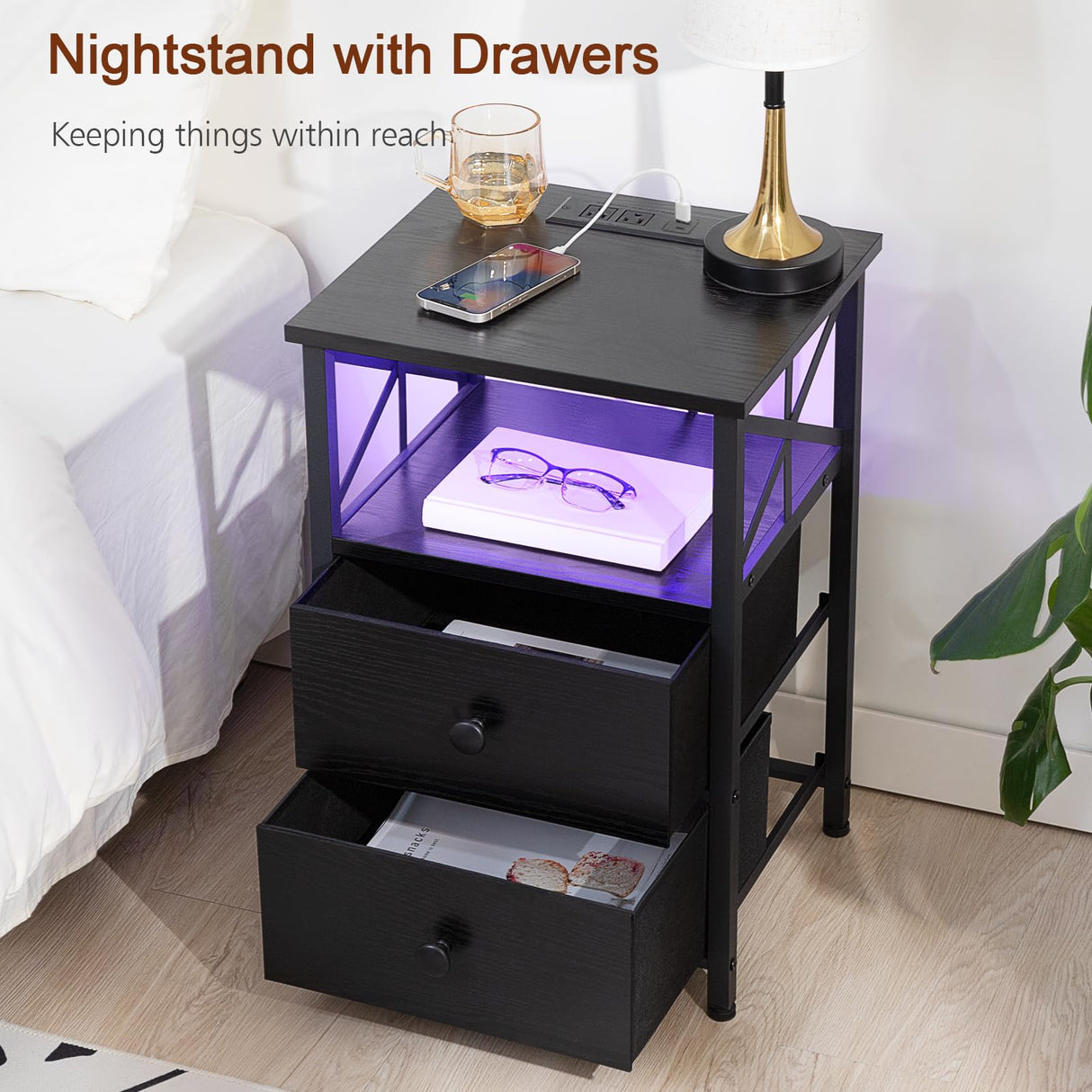 AMHANCIBLE Night Stand Set 2, LED Nightstands for Bedroom Set of 2 with Charging Station, End Table with USB Port and Outlet, Side Table with 2 Storage Drawers for Living Room, Black, HET052LBK AMHANCIBLE