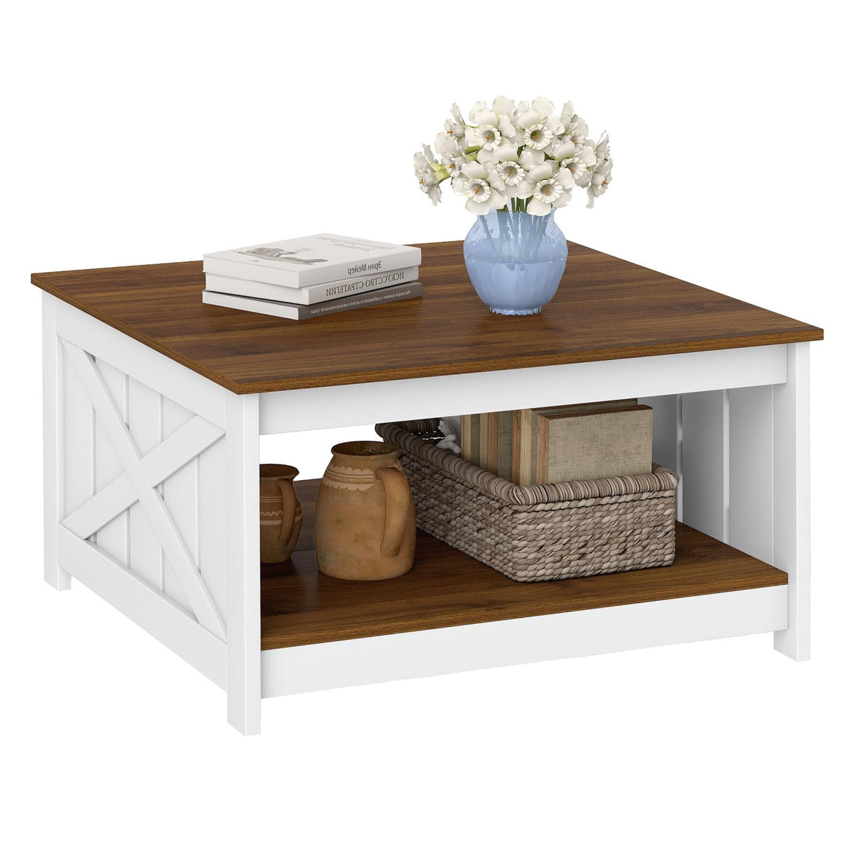 Giantex Farmhouse Coffee Table, 31 Inch Square Wood Coffee Table with Storage Shelf, 2-Tier Vintage Center Table with Open Compartment, Rustic Living Room Table for Home Office, White & Brown Giantex