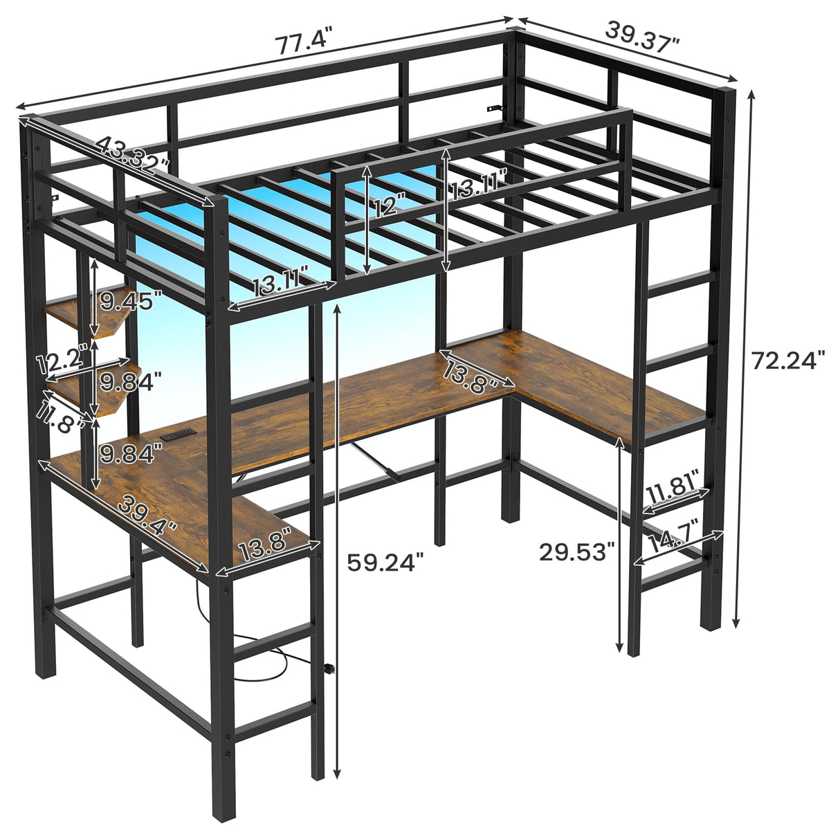 DICTAC Twin Loft Bed with U-Shaped Desk, LED Lights, Charging Station, and Storage Shelves – Metal Frame in Black DICTAC