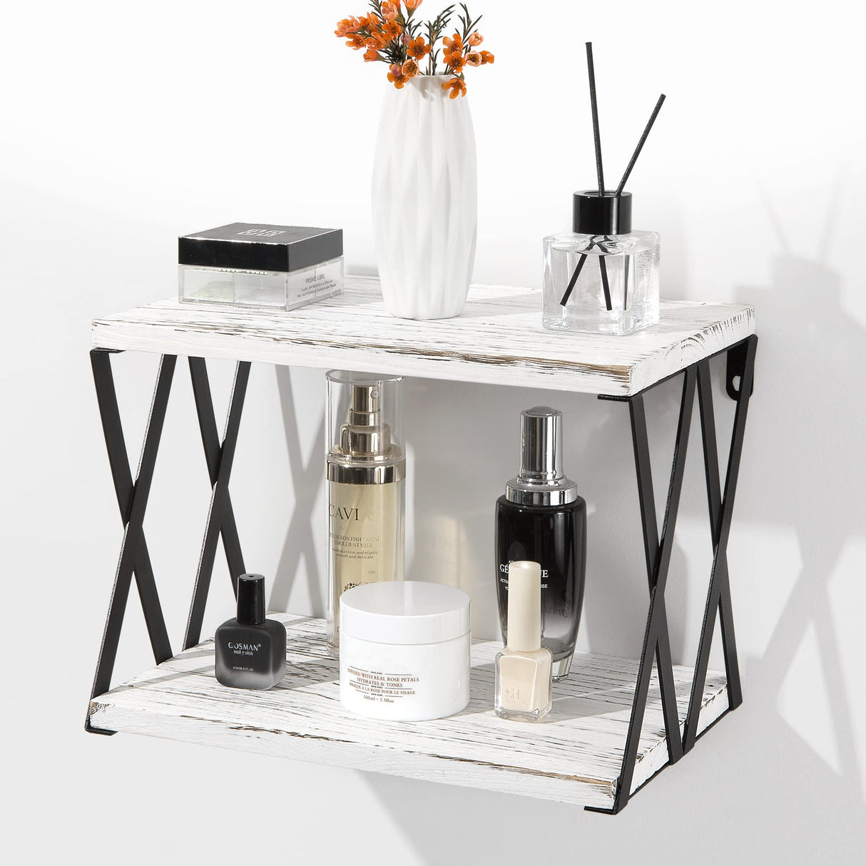 Sapowerntus Floating Nightstand Shelves Wall Mounted, 2 Tier Bedside Table for Bedroom, Rustic White Wood Basket Box Shelf with X Mental Bracket, Small Storage Decor in Bathroom Living Room Sapowerntus