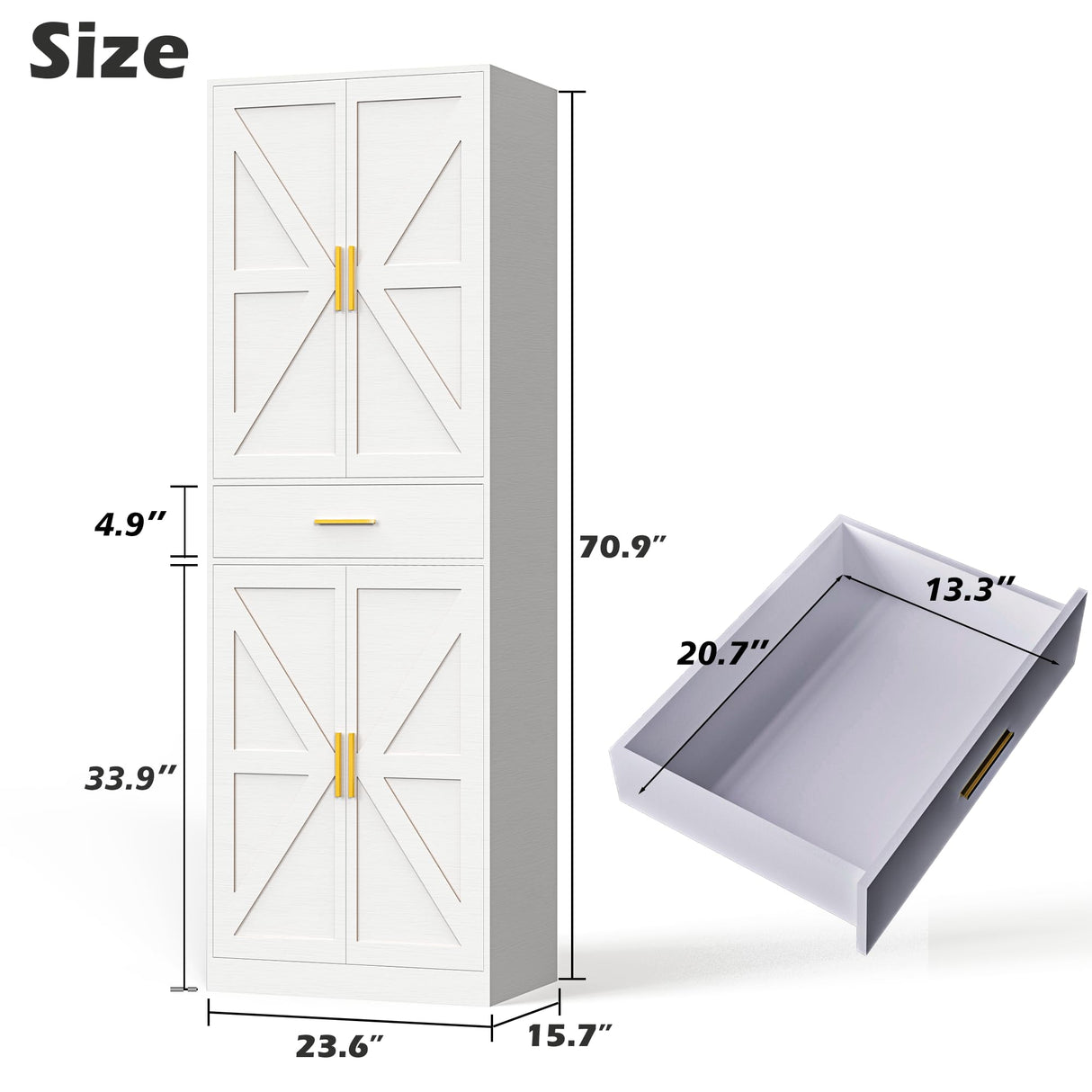 GTFURNI 71" Farmhouse Storage Cabinet with 4 Doors & Drawer, Adjustable Shelves Kitchen Pantry Cupboard, Freestanding Cabinet for Dining Room/Living Space, White GTFURNI