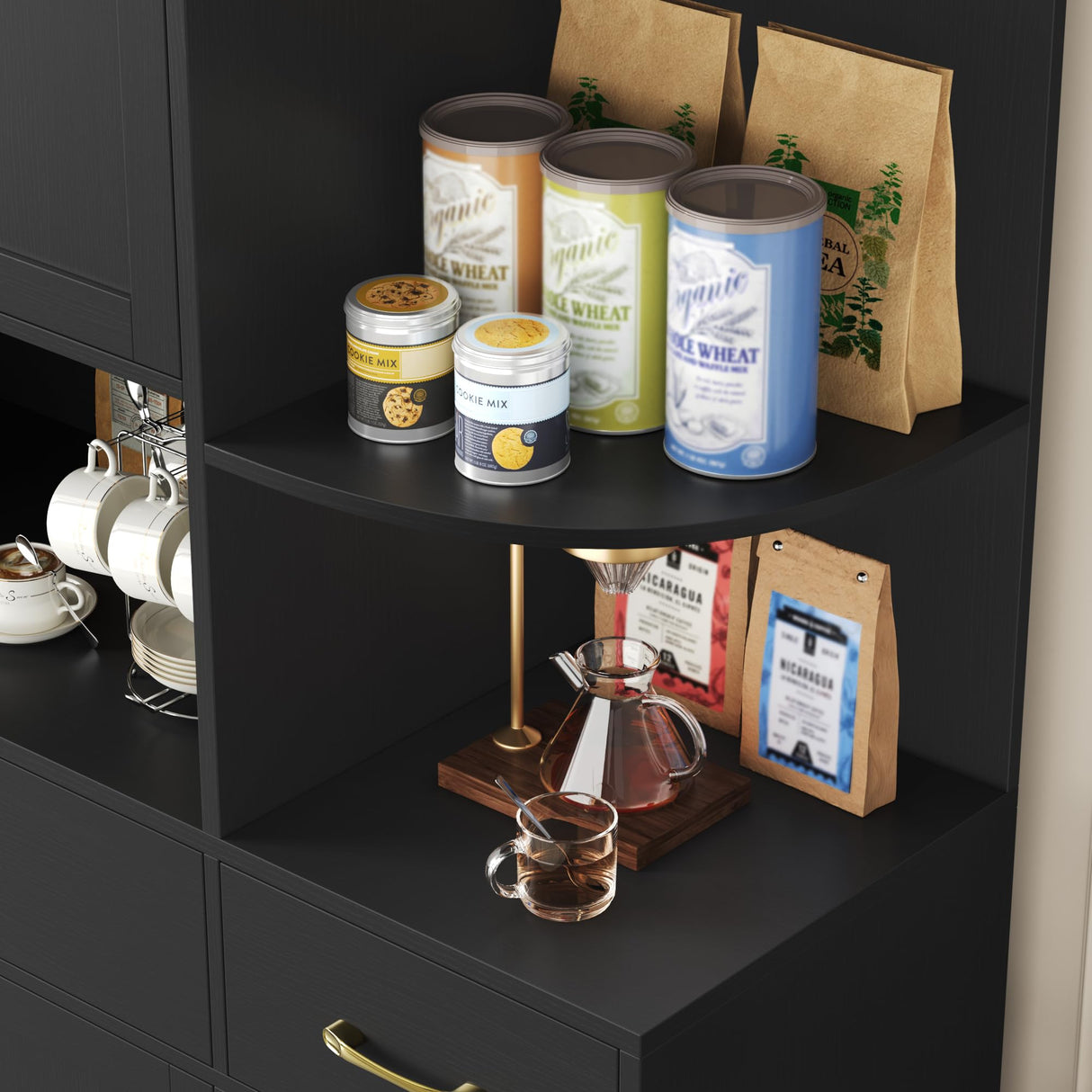 BOTLOG 67" Kitchen Pantry Cabinet, Modern Kitchen Hutch with 5 Doors and 2 Drawers, 3-Tier External Shelf, Large Pantry Storage Cabinet with Microwave Stand for Dining Room, Black BOTLOG