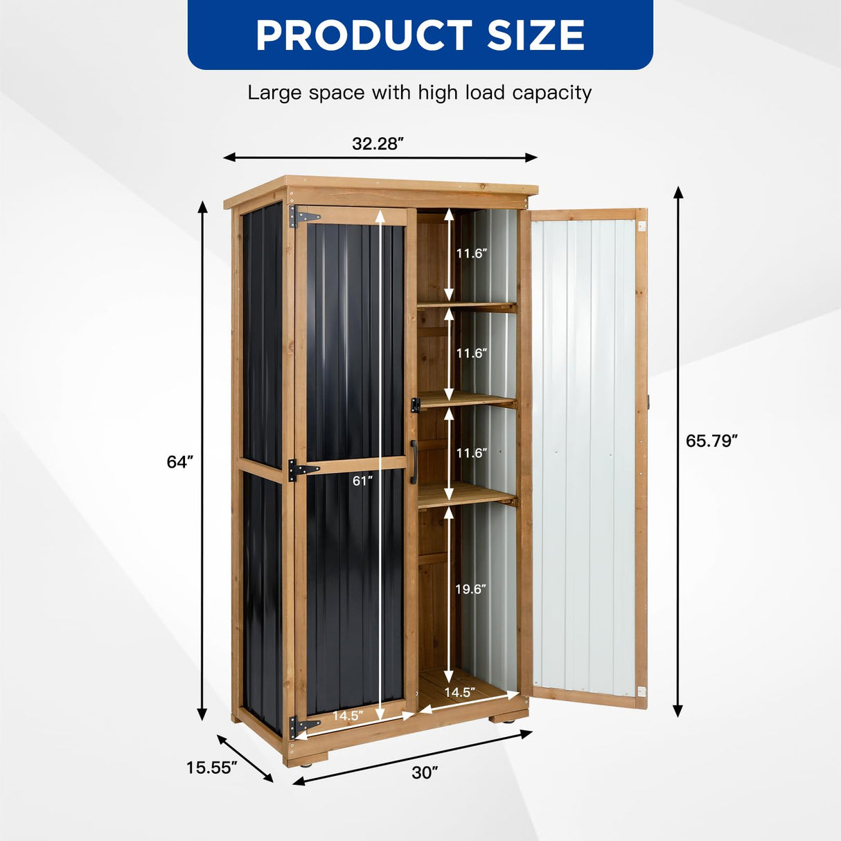 Outdoor Storage Cabinet Wood & Metal with Waterproof Roof, Garden Tool Shed with 3 Removable Shelves, 4 adjustable reinforced feet with metal brackets, 6 T-Hinge, magnetic door,15.6"D x 32.3"W x 66"H Gowoodhut