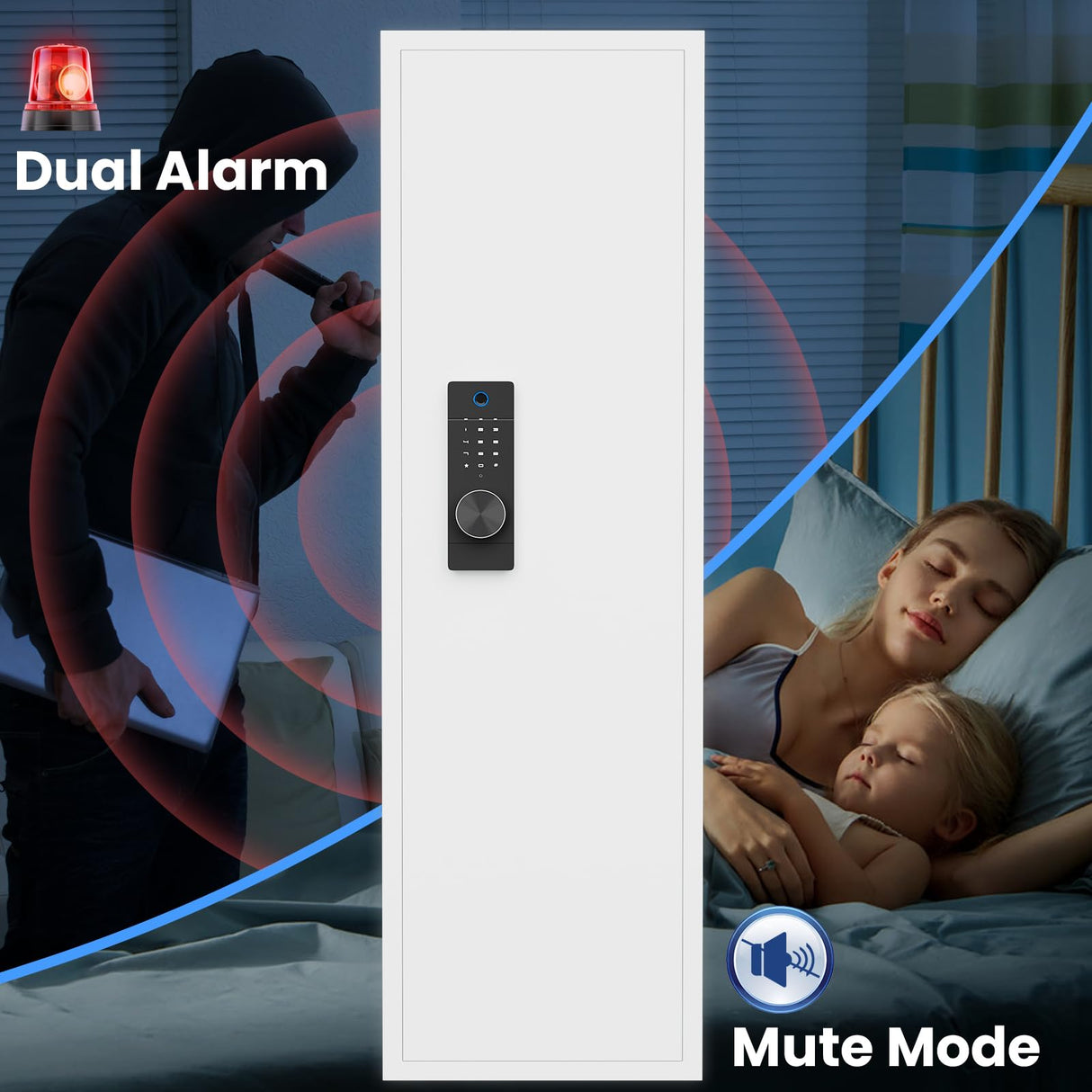 2024 NEW 53.15” Wall Gun Safe, Fingerprint Wall Safe Between the Studs with Dual Alarm & Mute Mode, Hidden Wall Gun Safe for Rifles and Pistols with Adjustable Shelves, Magnetic Gun Support & Key Hook silkight