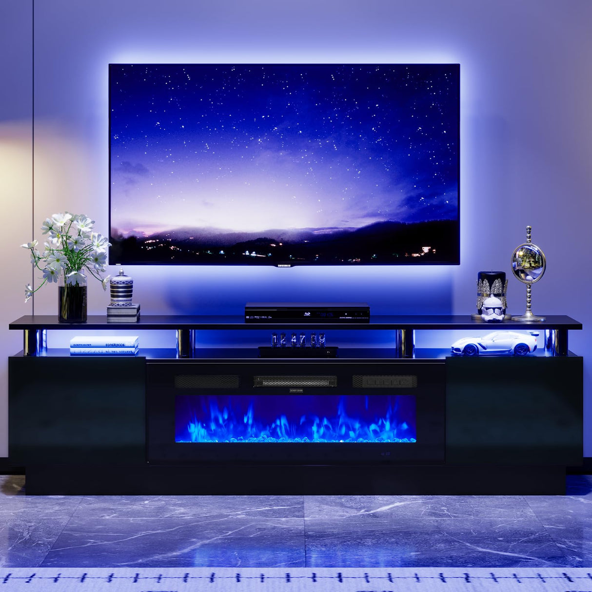 OneBlis 70" TV Stand for Living Room, Modern Entertainment Center & Media Console, Fits TVs up to 80", Storage Cabinet with Shelves, 36" Electric Fireplace with LED Flame (All Black) OneBlis