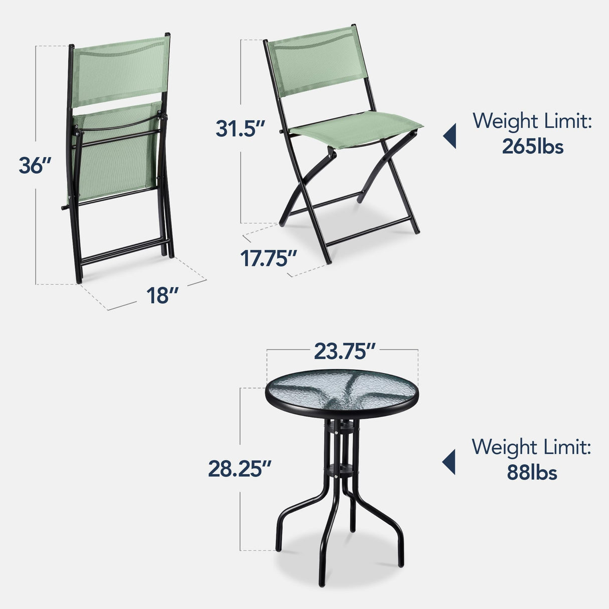 Best Choice Products 3-Piece Patio Bistro Dining Furniture Set w/Textured Glass Tabletop, 2 Steel Folding Chairs, Polyester Fabric - Sage Best Choice Products