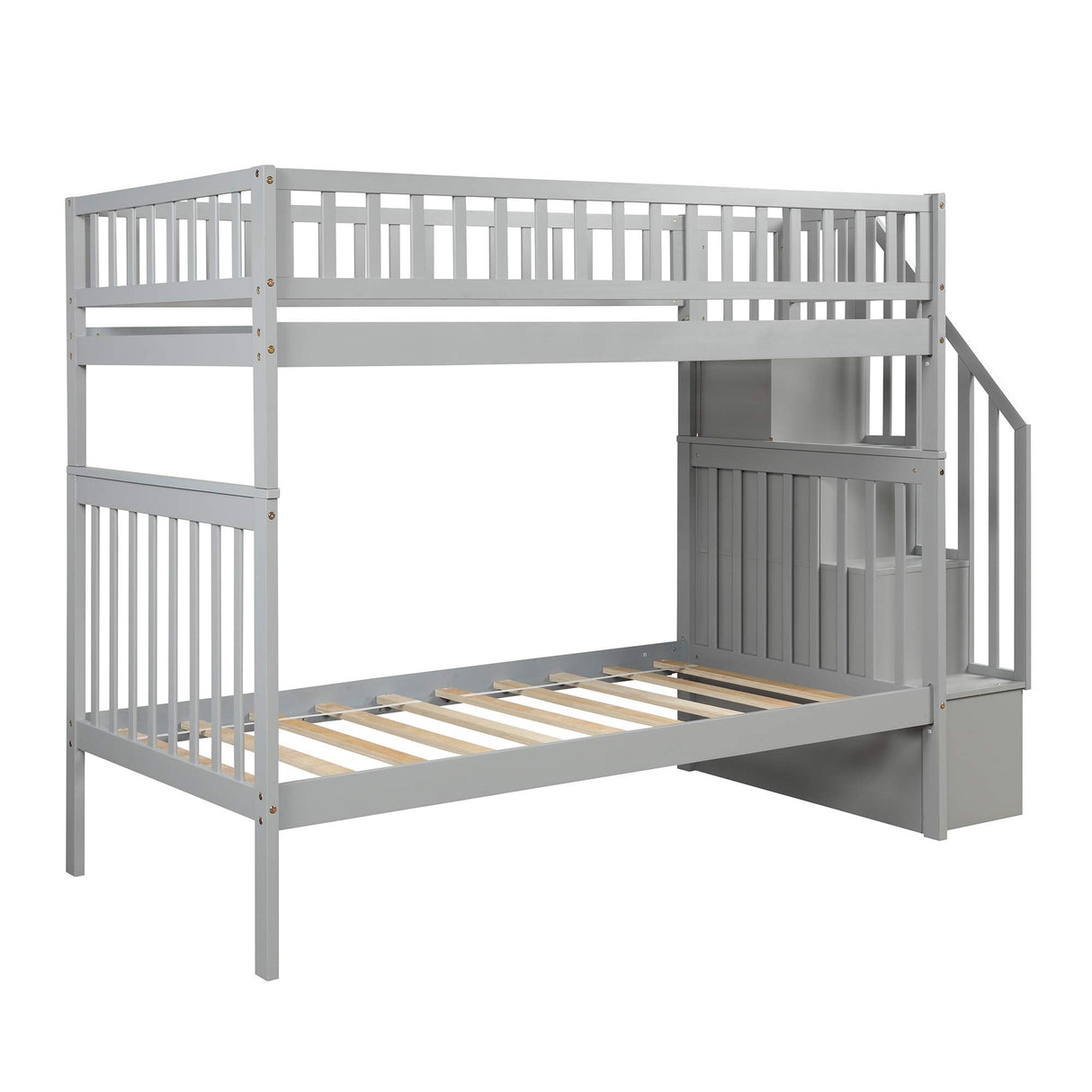 Merax Twin Over Twin Bunk Bed with Trundle, Storage Staircase and Full Length Guardrail, Solid Wood Stairway Bunk Bed, No Spring Box Needed (Grey) Merax