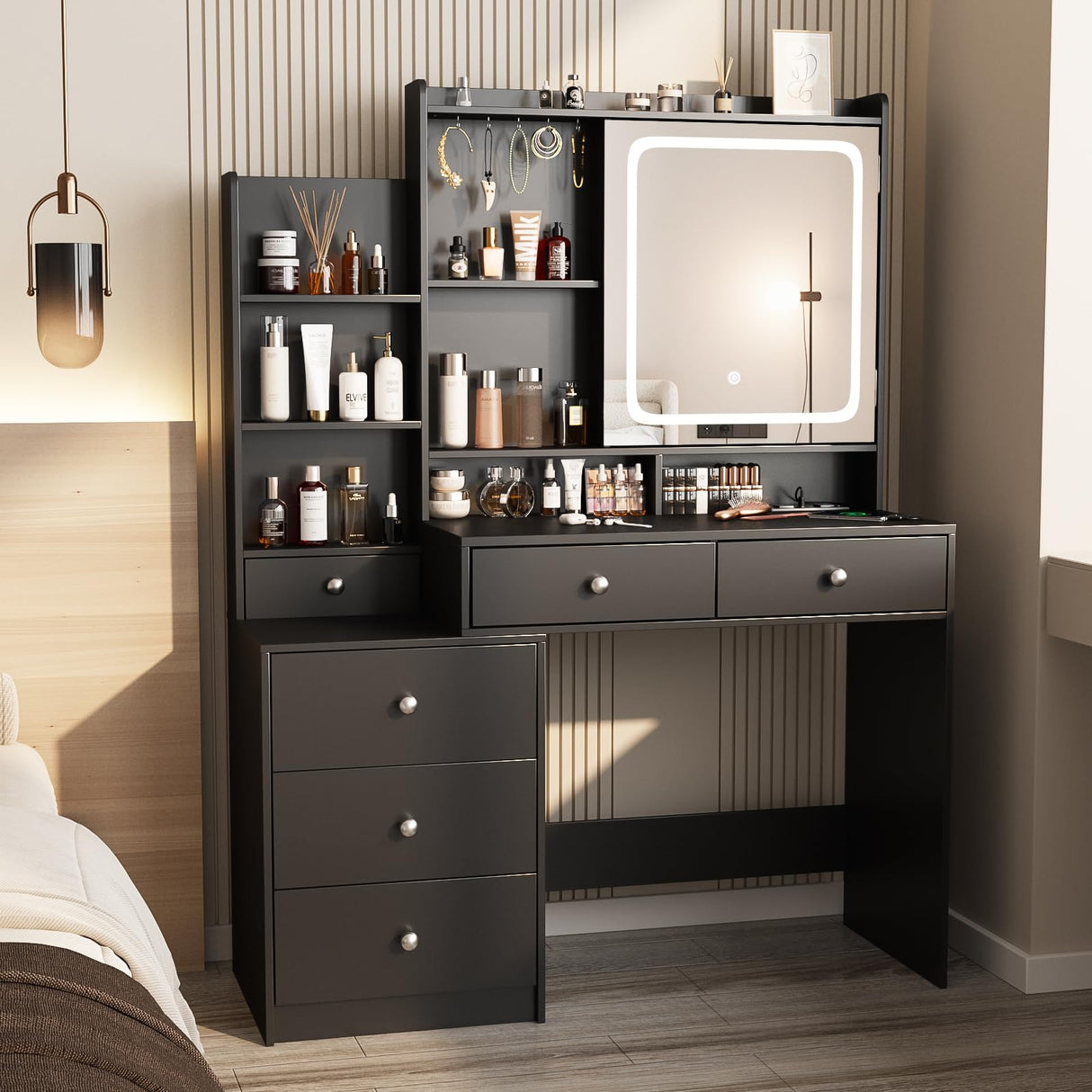 Vabches Vanity Desk with Mirror and Lights,Makeup Vanity with 6 Drawers and Shelves,Vanity Table with Power Outlet,Makeup Desk with Led Lighted Mirror in 3 Colors,for Bedroom,Black Vabches