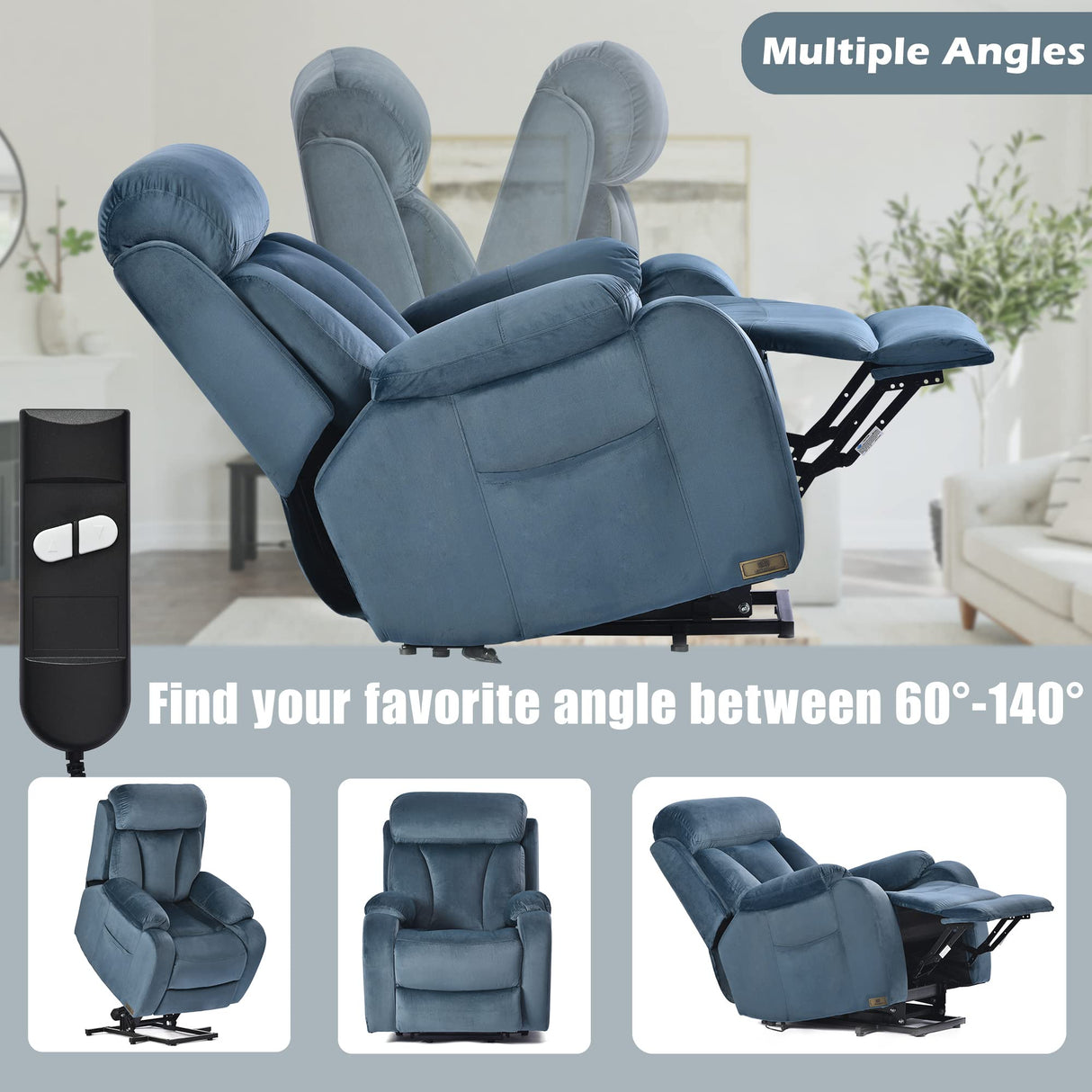 cinkehome Small Power Lift Recliner for Elderly, Lift Chair Recliners, Electric Recliner Chairs for Seniors, Remote Control, Adjustable, Side Pocket (Navy Blue) cinkehome