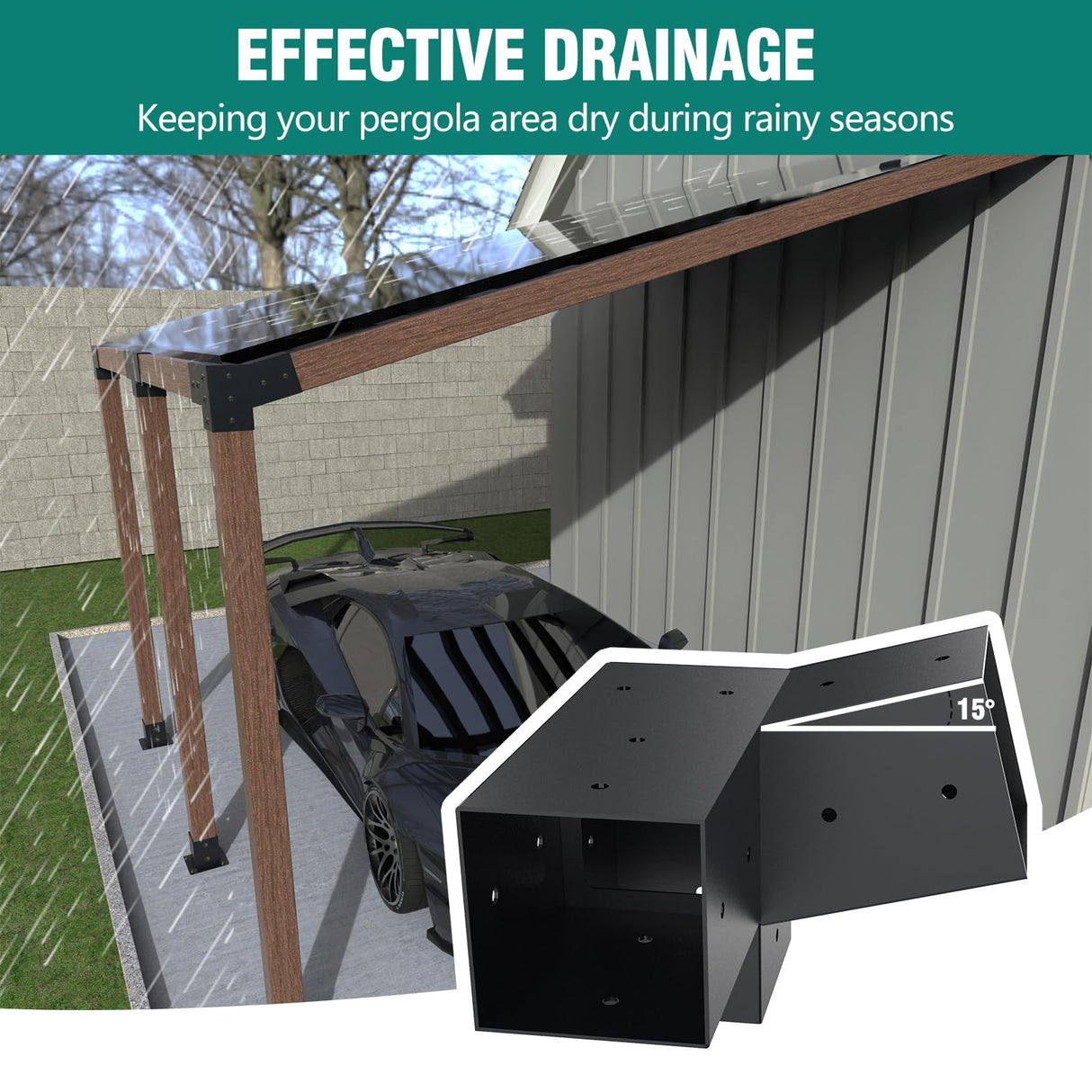 Kinchoix Pergola Brackets, 2 Pack Woodworks Pergola Kit 15° 3-Way Right Angle Corner Bracket with Pergola Post Base for 4x4'' (Actual: 3.5x3.5'') Wood Beams Elevated Wood Stand Kit 6 Pc Kinchoix