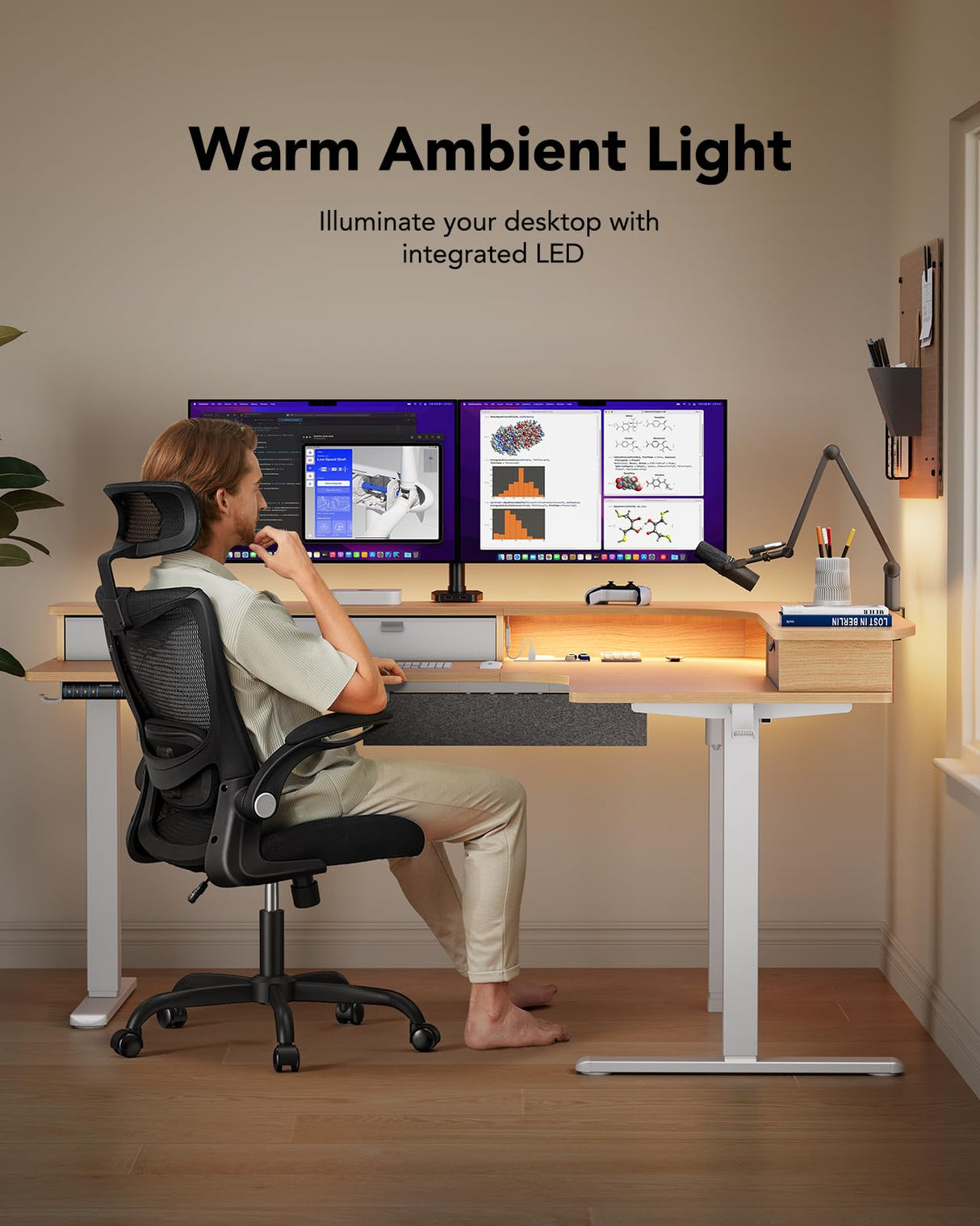 HUANUO 65″ L-Shaped Standing Desk with Power Outlets & LED Strip, Electric Height Adjustable Corner Computer Desk, Sit Stand Up Desk with 3 Drawers, Natural Wood HUANUO