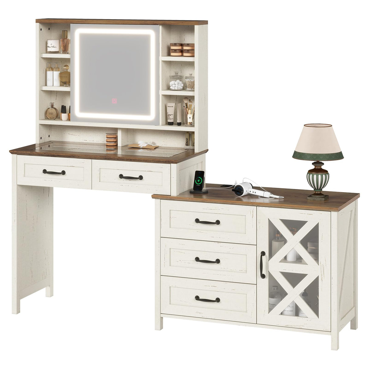 BTHFST Farmhouse Vanity with Glass Top & Charging Station, Vanity Desk with Touch Screen Mirror and Lights, Makeup Vanity with 5 Drawers & Shelves & Cabinet, Antique White BTHFST