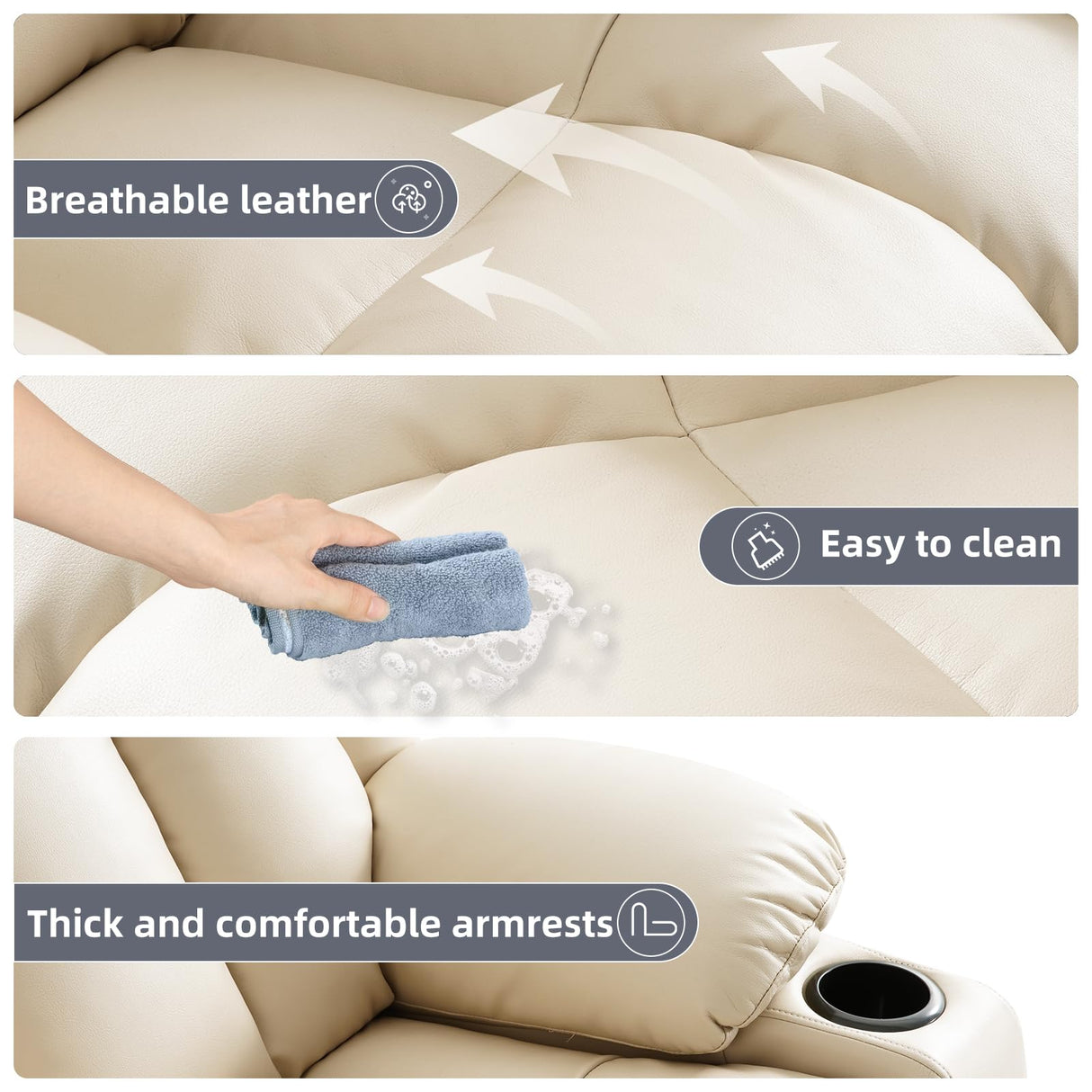 RESTREAL Power Lift Recliner Chair for Elderly, Electric Recliner Chairs for Adults with Massage and Heat, Cup Holders, Remote Control, USB Ports, Side Pockets, Leather (Beige) RESTREAL