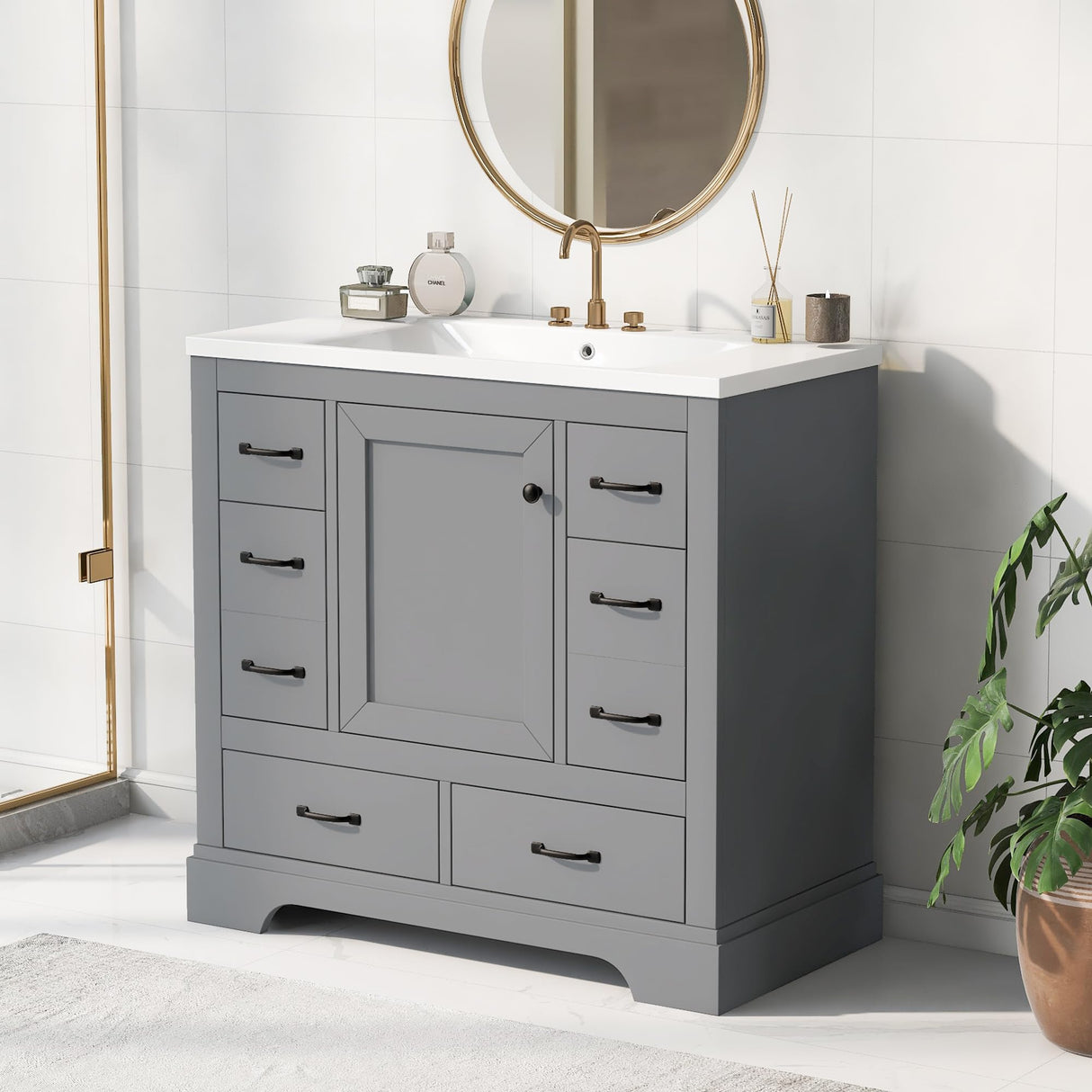 Harper & Bright Designs 36" Bathroom Vanity with Sink, Free Standing Single Basin Vanity Set with 6 Drawers & One Cabinet with Adjustable Shelf, Bathroom Cabinet with Ceramic Basin for Bathroom, Grey Harper & Bright Designs