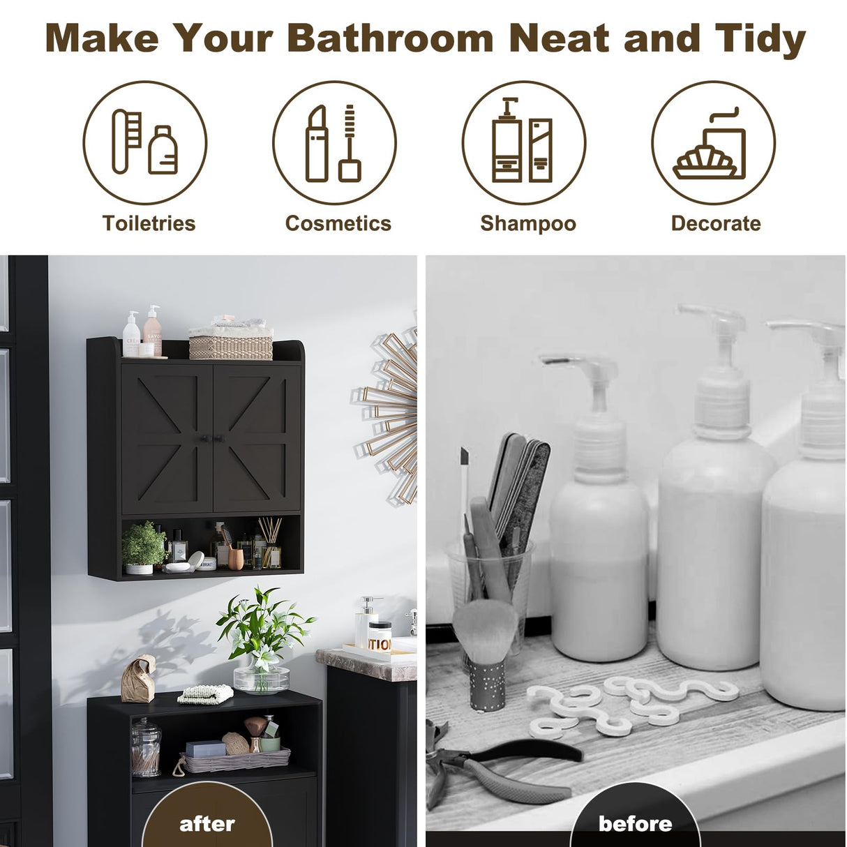 EasyCom 22" W x 26" H Bathroom Wall Cabinet, Farmhouse Medicine Cabinet with Adjustable Shelves and Double Barn Doors, Over The Toilet Storage Cabinet for Bathroom, Kitchen, Living Room, Black EasyCom