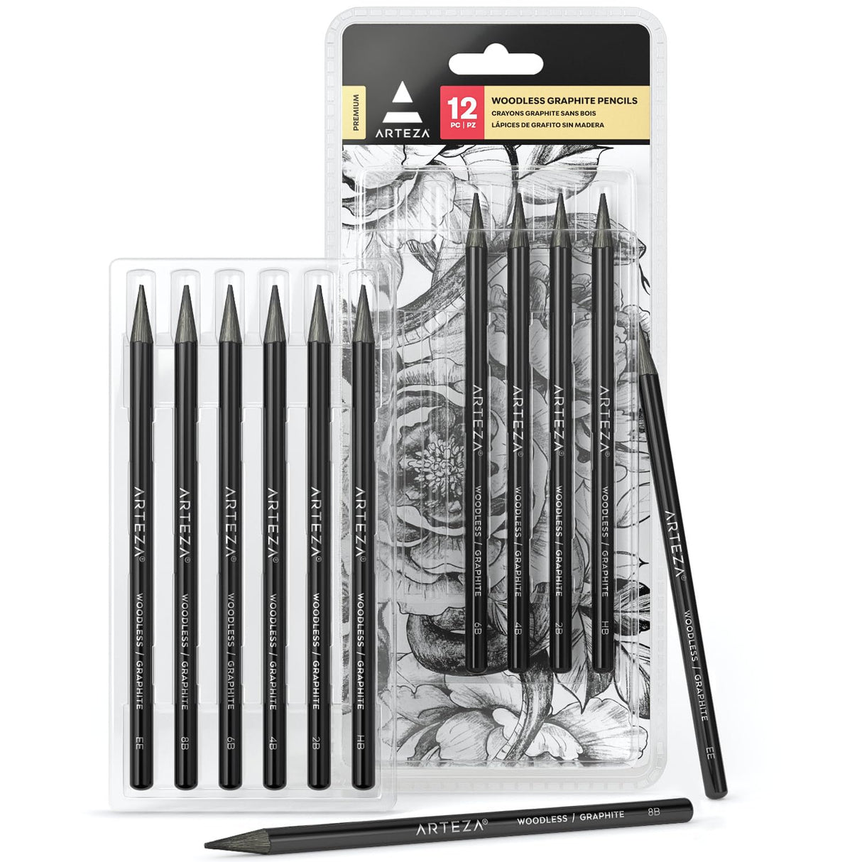 ARTEZA Woodless Graphite Pencils, Set of 12, HB, 2B, 4B, 6B, 8B, and EE ARTEZA