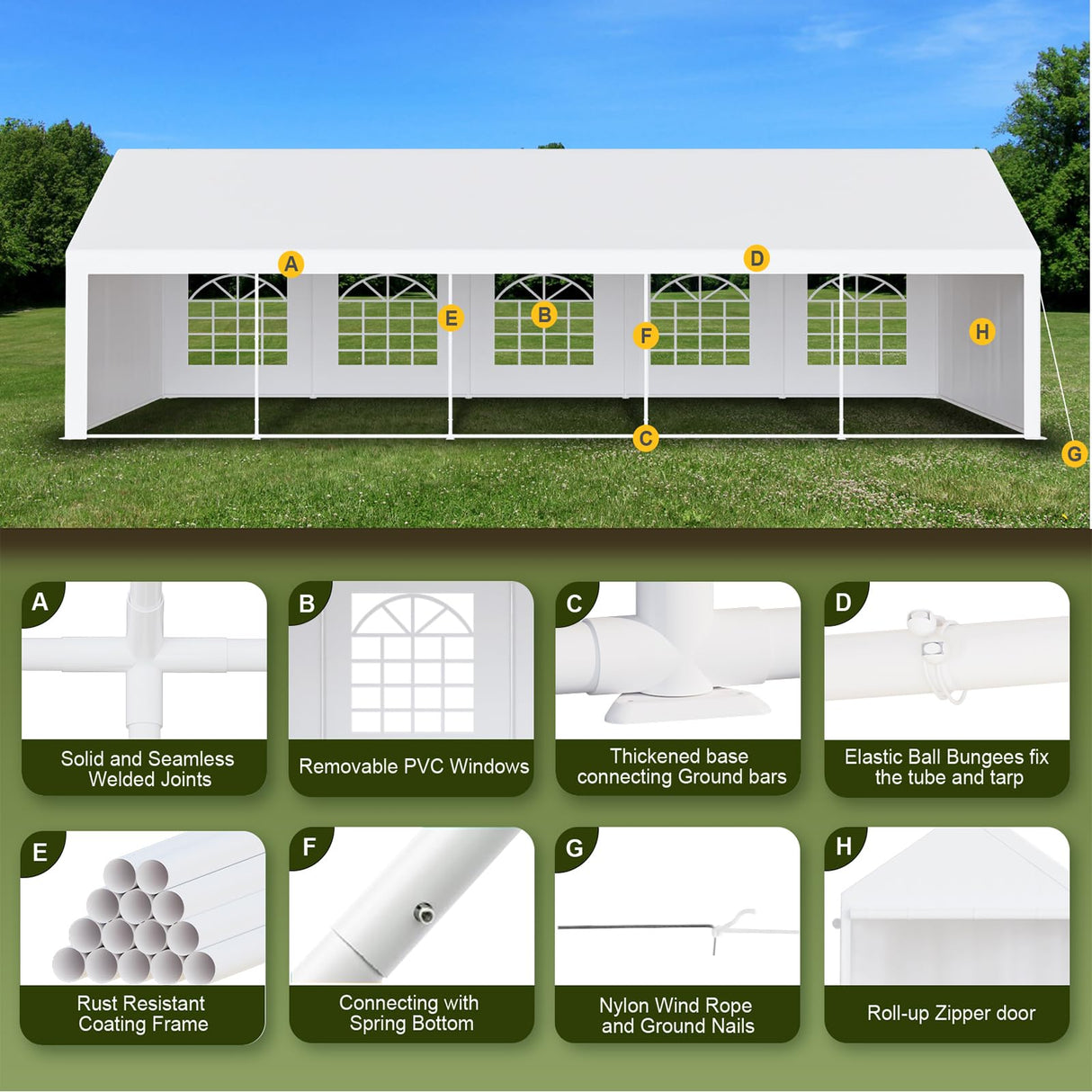 Garvee 20x40 Ft Heavy Duty Party Tent, Outdoor Wedding Event Shelter with Removable Side Walls, Large Commercial Tent with Large White Roof and 5 Storage Bags for Wedding Parties, Outdoor Events Garvee