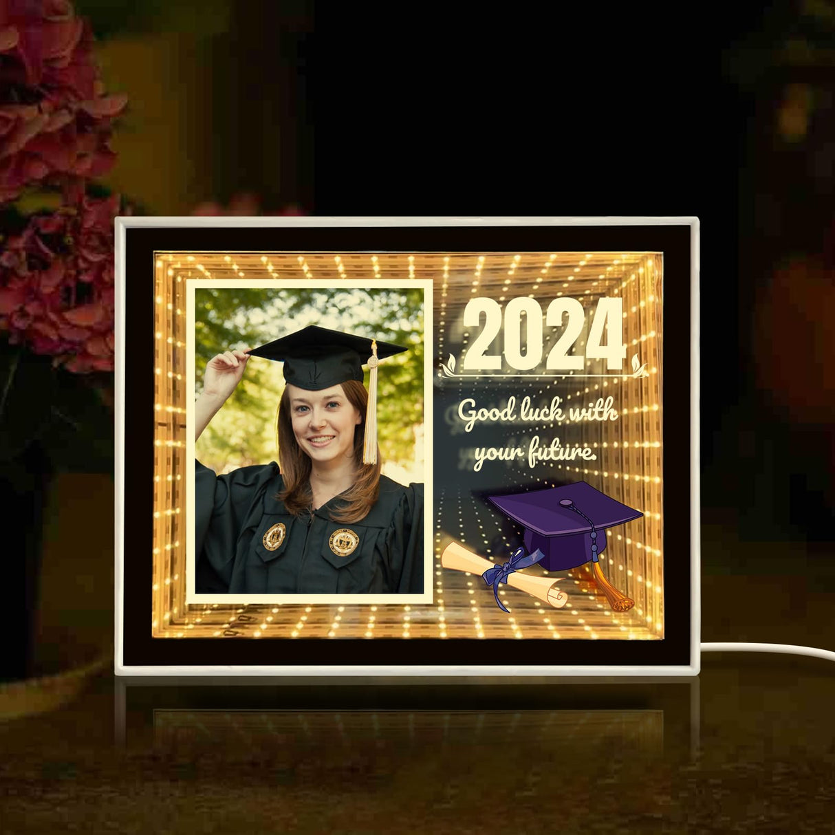 Personalized Infinity Mirror Customized Photos, Custom Valentines Day, Birthday, for Couple, Desktop LED Night Light Makeup Mirror 2 in 1, Home Decoration Bedroom Office Living Room LINMQIU