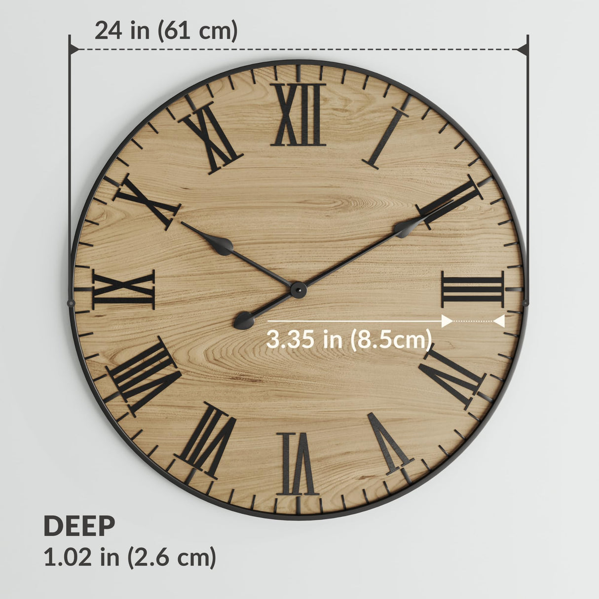 Large Wall Clock 24 Inches - Decorative Wall Clock Large With Real Wood & Roman Numerals - 24 Inch Wall Clocks For Living Room Decor - Large Farmhouse Wall Clock - Big Wall Clock For Living Room LILO DESIGN CO.