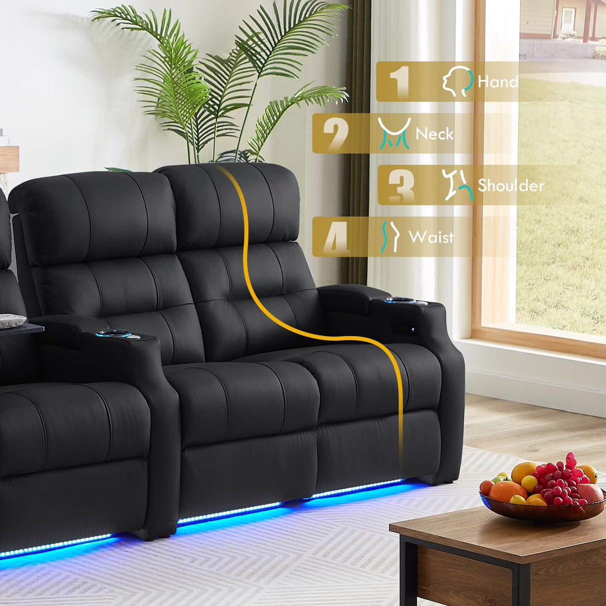 Weilianda Home Theater Seating, Top Grain Leather Sectional Seats Recliner Chair, Zero Gravity Reclining Sofa with Power Headrest 7 Colors Ambient Lighting USB C Charge Row of 3 Black Weilianda