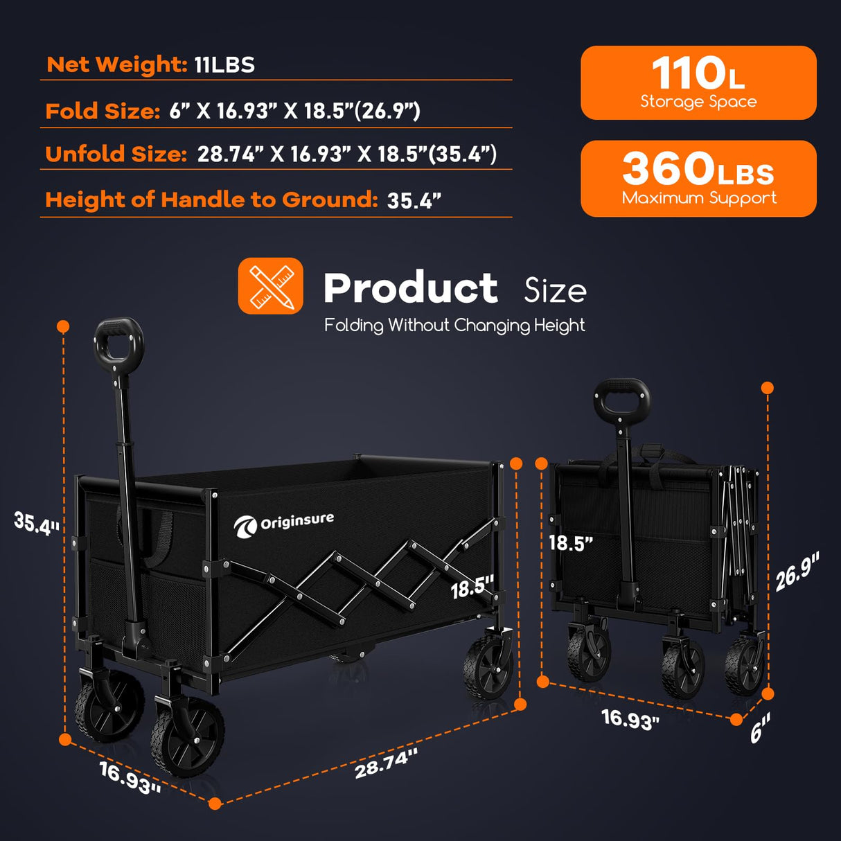 Originsure Collapsible Wagon Cart Foldable - Lightweight Portable Heavy Duty Folding Beach Wagons with Wheels - Outdoor Utility Carts for Grocery, Camping, Shopping, Sports, Garden with Large Capacity Originsure