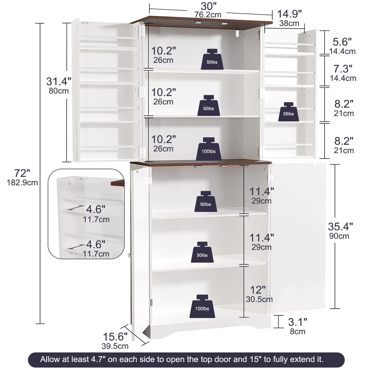 Furnify 72" Tall Kitchen Pantry, Farmhouse Pantry Storage Cabinet with Doors Organizer, Freestanding Cupboard with Adjustable Shelves, Rustic Buffet Cabinet for Kitchen, Dining Room, Bathroom, White Furnify