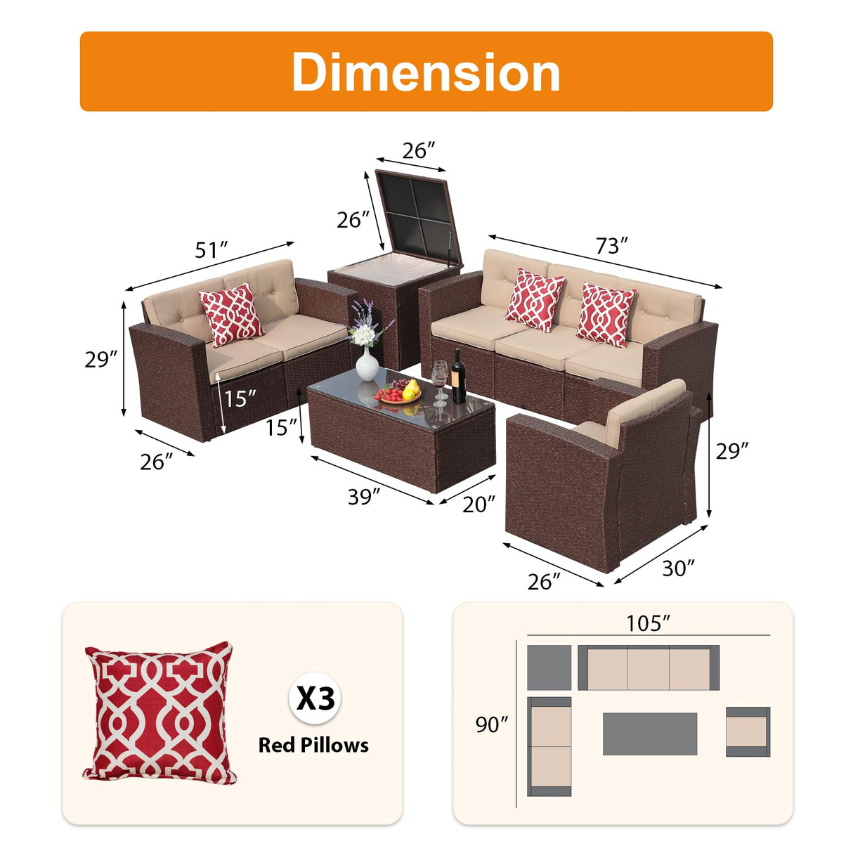 JOIVI 8 Pieces Patio Conversation Sets, All Weather Outdoor Sectional Patio Sofa, U-Shaped PE Wicker Patio Furniture Sets with Storage Box, Coffee Table, 3 Pillows, for Garden, Porch, Brown JOIVI