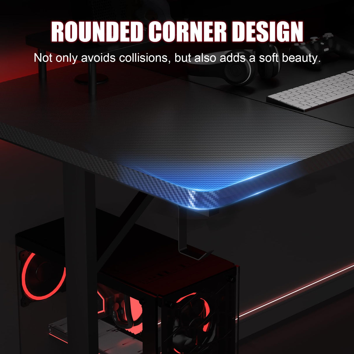 GTRACING Gaming Desk 55 Inch with LED Lights, Large Computer Desk with Mouse Pad for Home Office, T-Shaped Carbon Fibre Surface PC Game Workstations with Headphone Hook, Black GTRACING