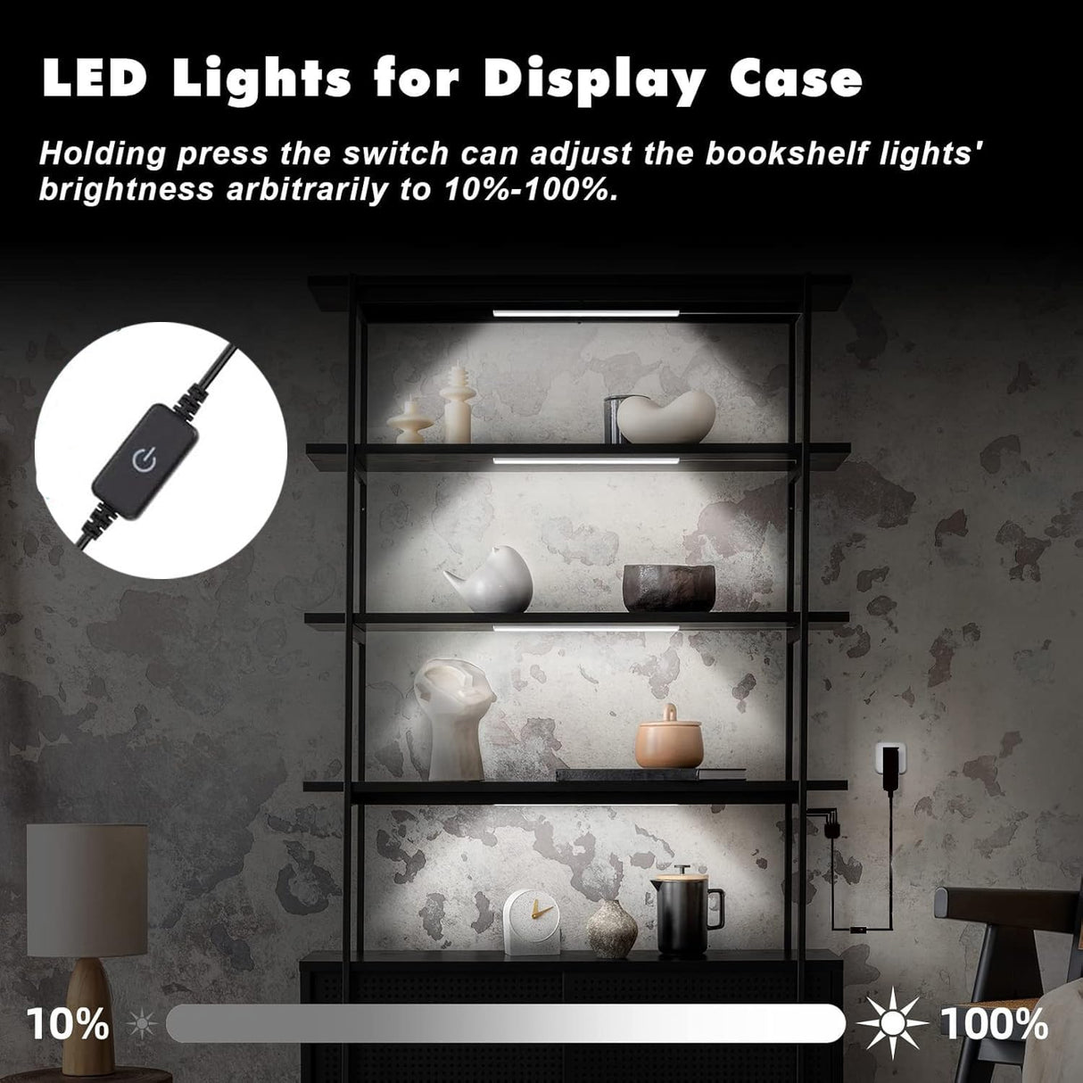 JUSJUBR Black Shell Display Case Lights, LED Lights for Display Case with Memory Function, 4x12 Inch Bookshelf Lighting, LED Cabinet Lights for Shelf, Cold White 6000K JUSJUBR