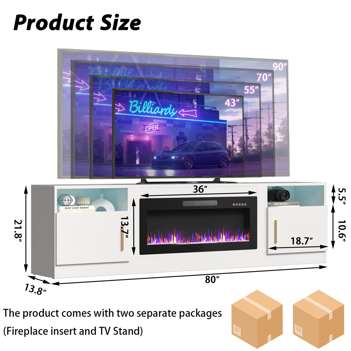 TAVATA Fireplace TV Stand with 36" Fireplace,80" TV Stand with LED Light for TVs Up to 85",Entertainment Center Console Table with Highlight Storage Cabinets (White) TAVATA